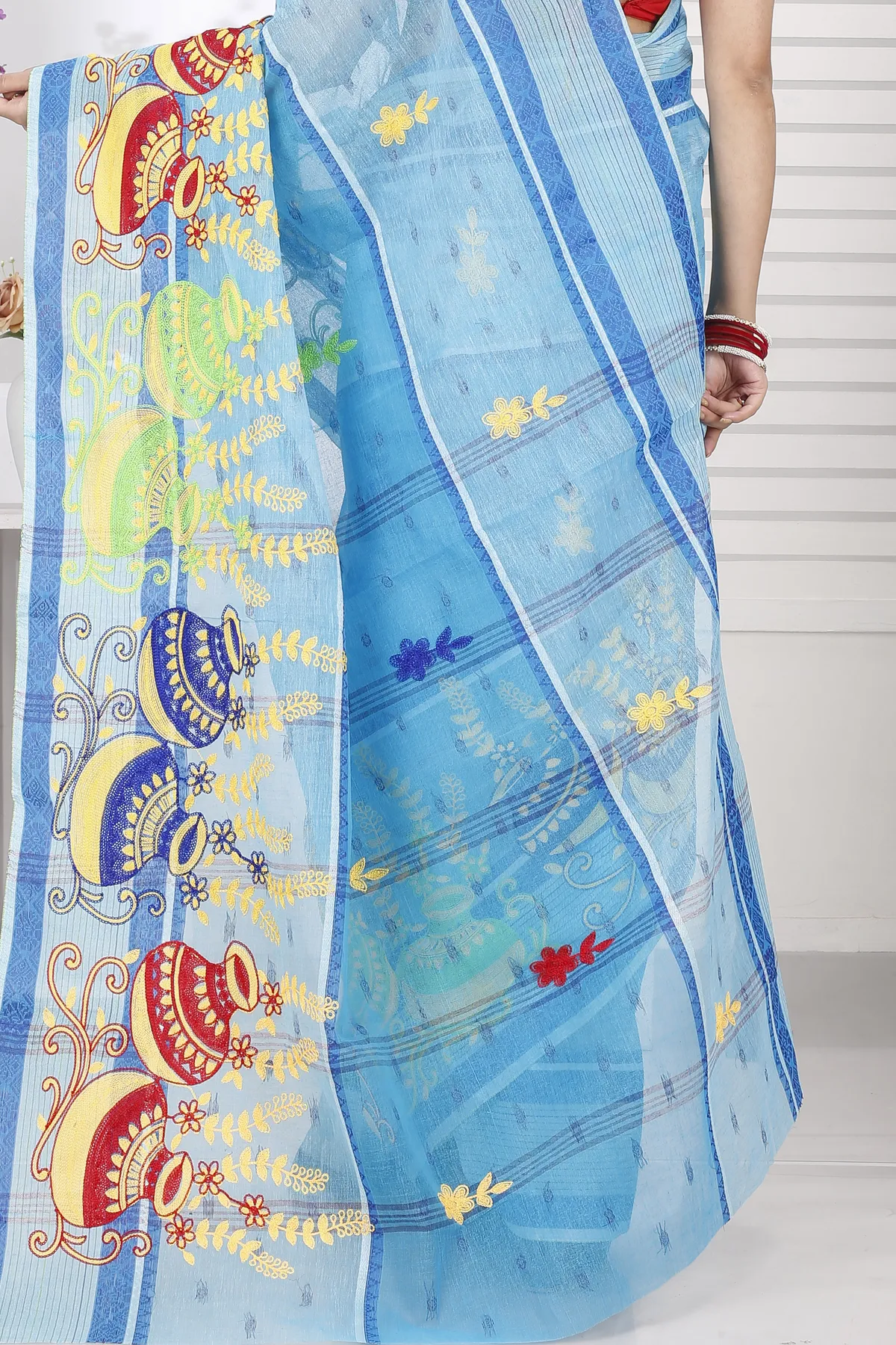 DipDiya Pure Cotton Sky Blue Embi Debdash Ghot Traditional Elegance Embroidery Tant Sarees