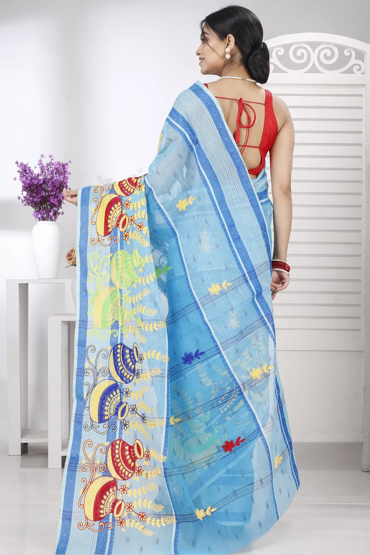 DipDiya Pure Cotton Sky Blue Embi Debdash Ghot Traditional Elegance Embroidery Tant Sarees