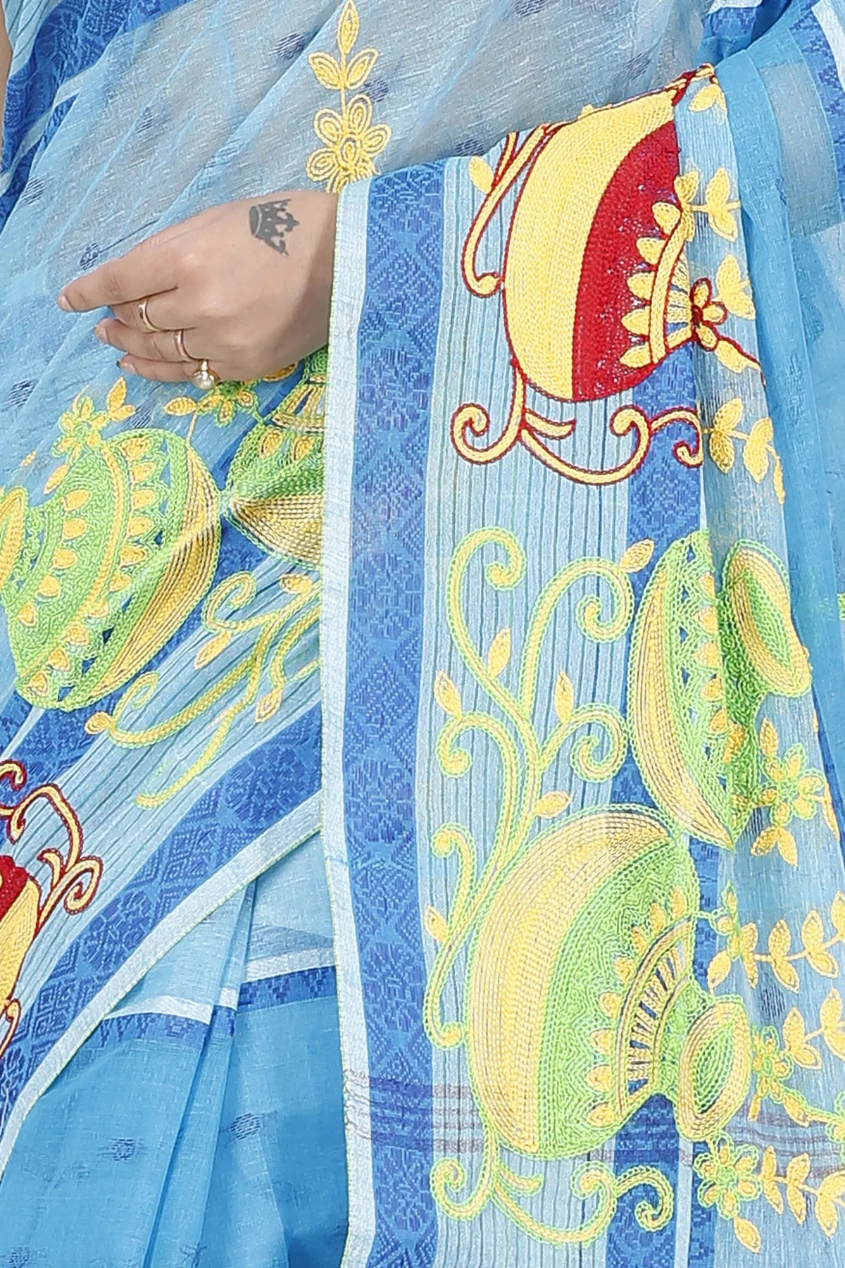 DipDiya Pure Cotton Sky Blue Embi Debdash Ghot Traditional Elegance Embroidery Tant Sarees