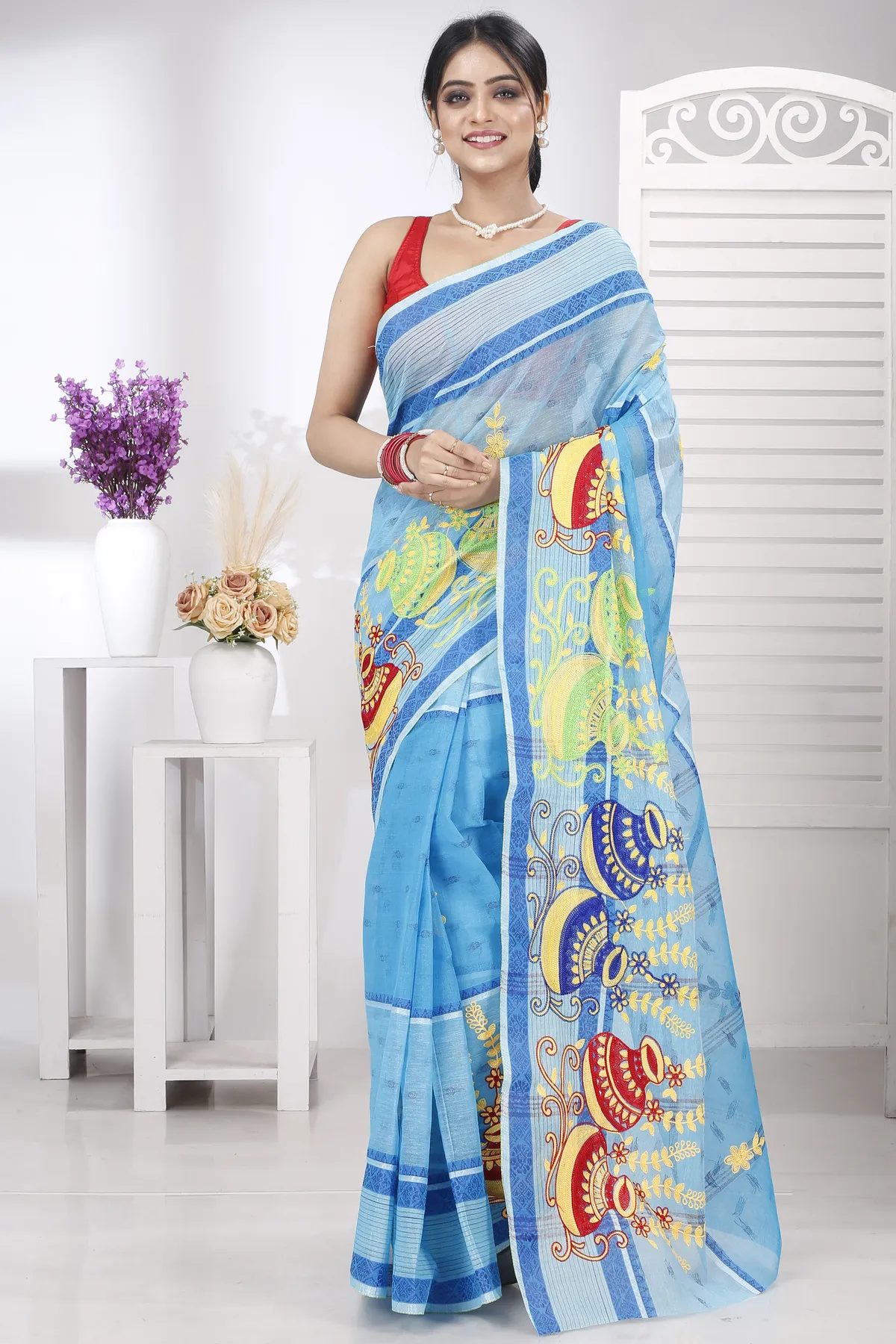 DipDiya Pure Cotton Sky Blue Embi Debdash Ghot Traditional Elegance Embroidery Tant Sarees
