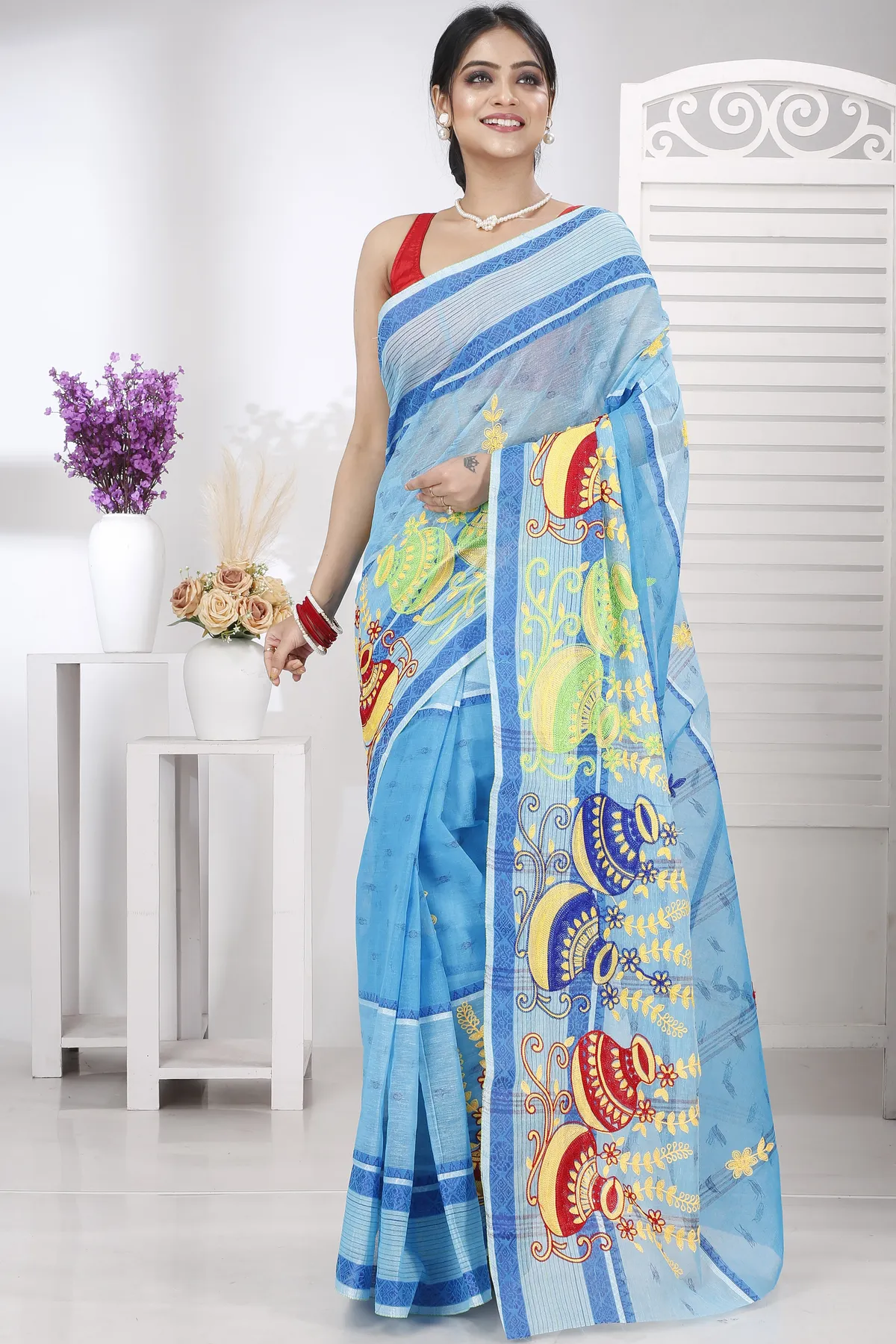 DipDiya Pure Cotton Sky Blue Embi Debdash Ghot Traditional Elegance Embroidery Tant Sarees