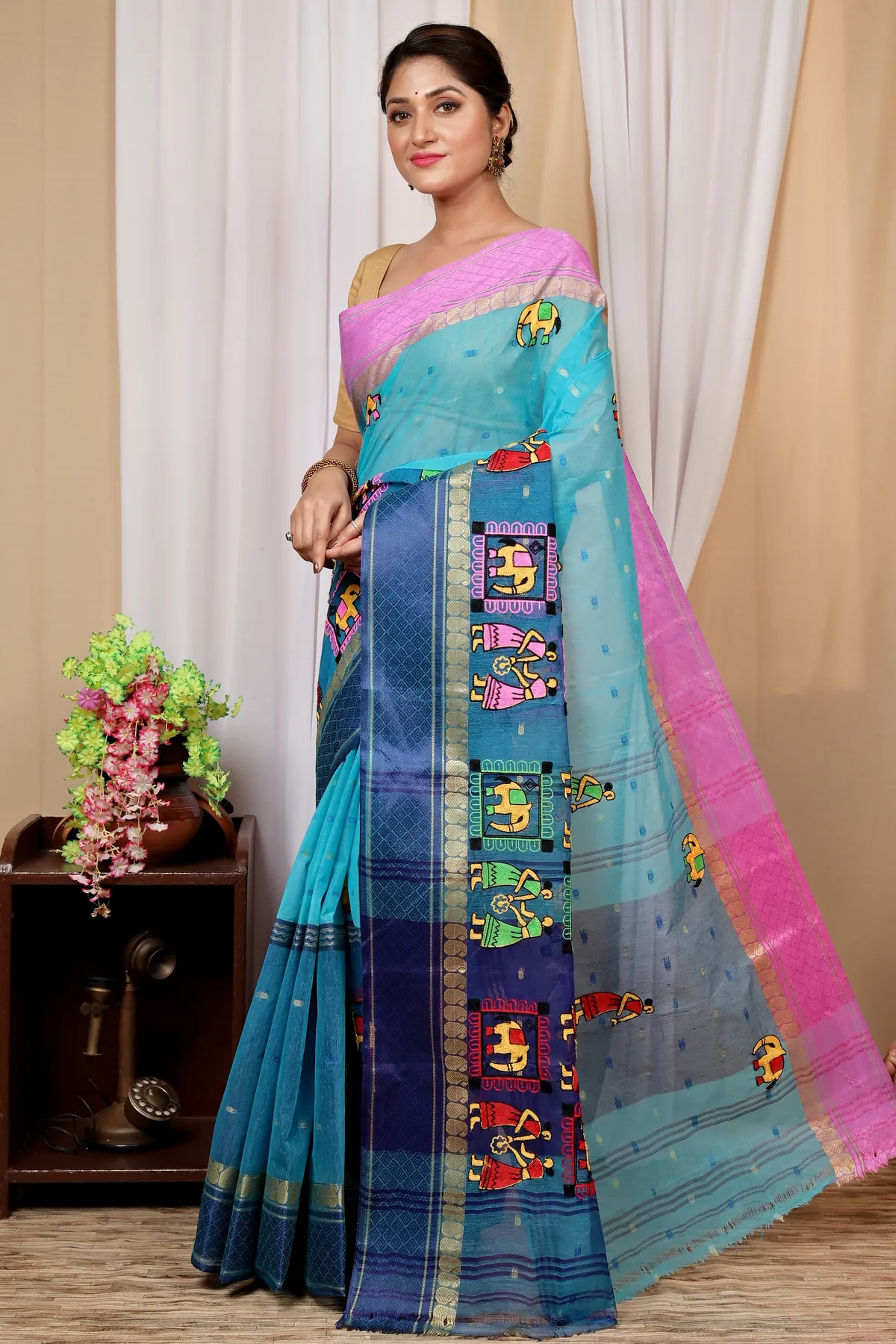 DipDiya Pure Cotton Sky Blue Embi Ganga Gajo Artisan Woven Embroidery Tant Sarees