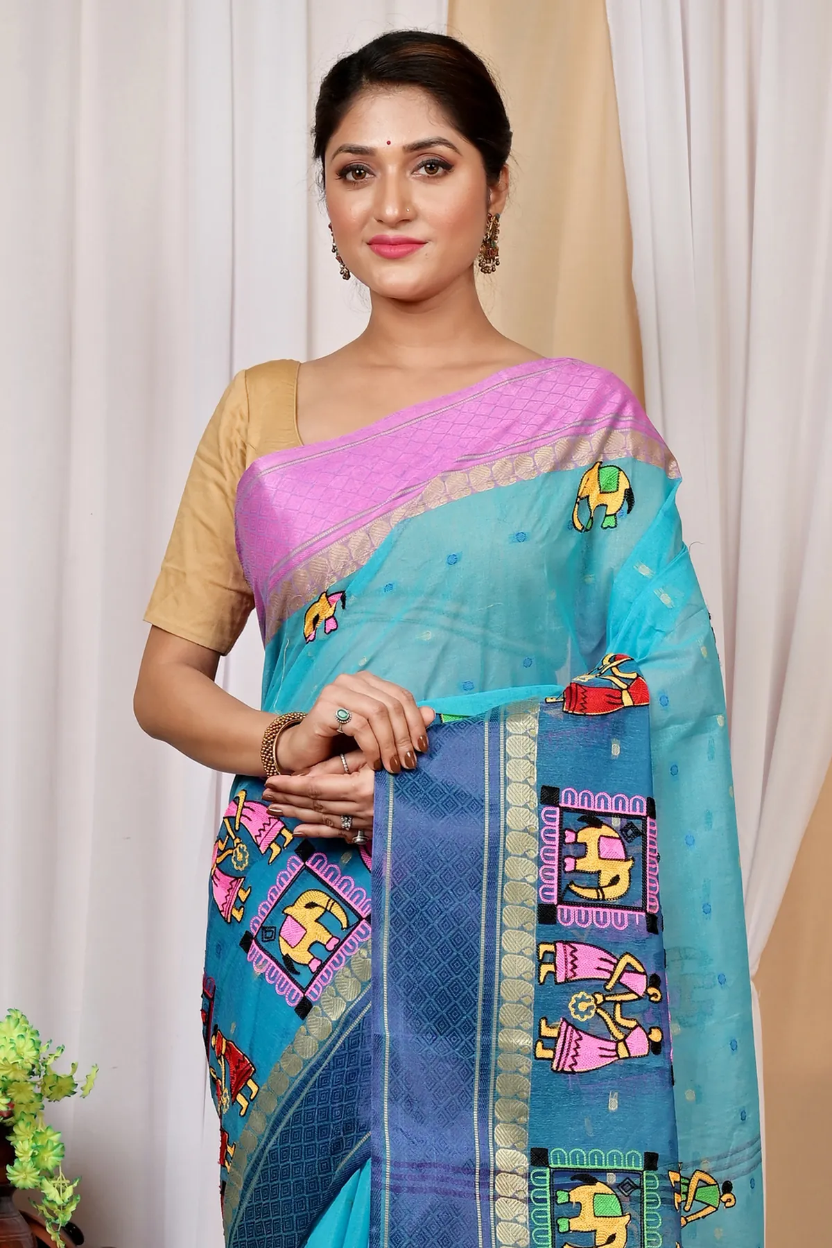 DipDiya Pure Cotton Sky Blue Embi Ganga Gajo Artisan Woven Embroidery Tant Sarees