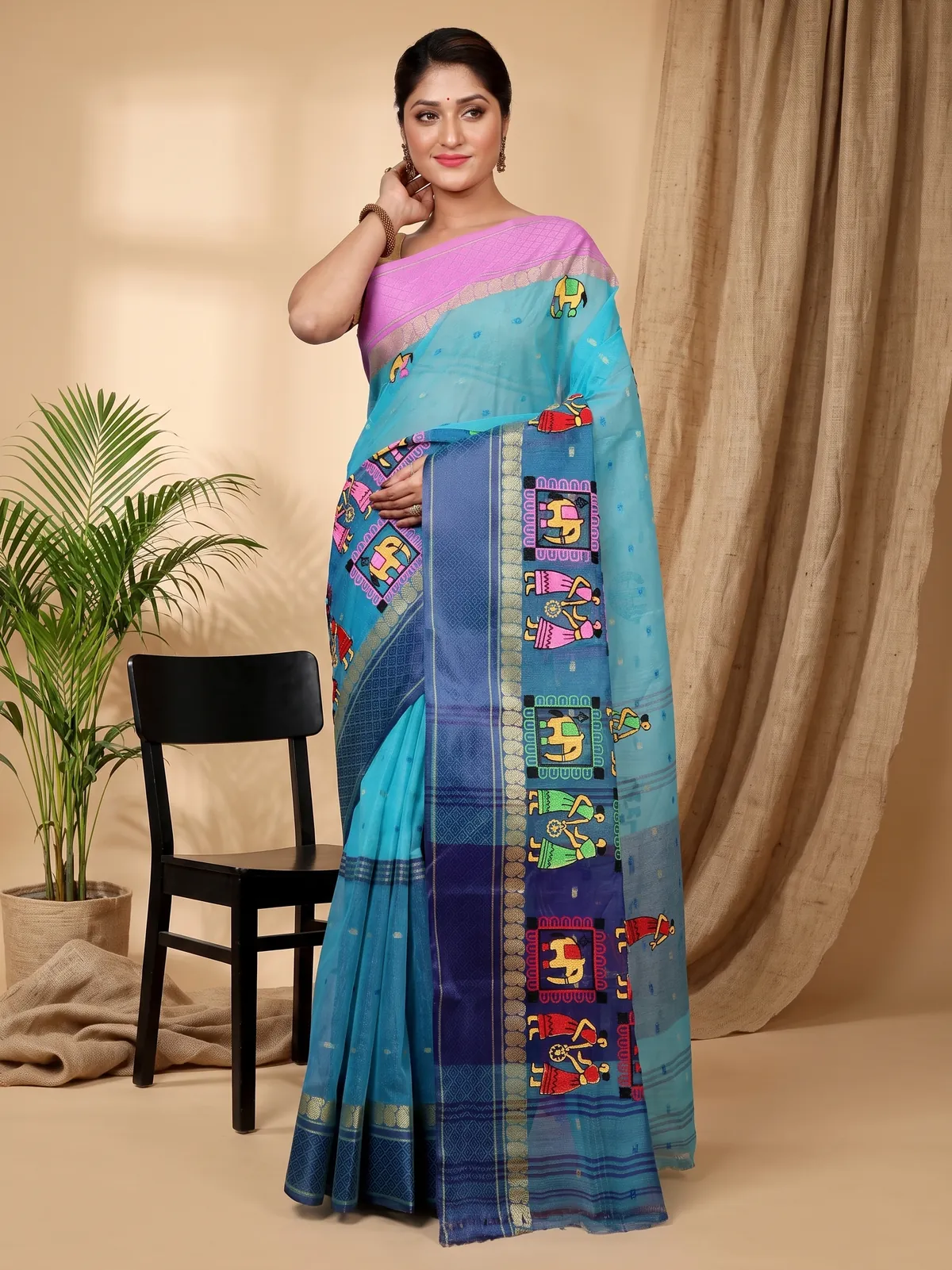 DipDiya Pure Cotton Sky Blue Embi Ganga Gajo Artisan Woven Embroidery Tant Sarees