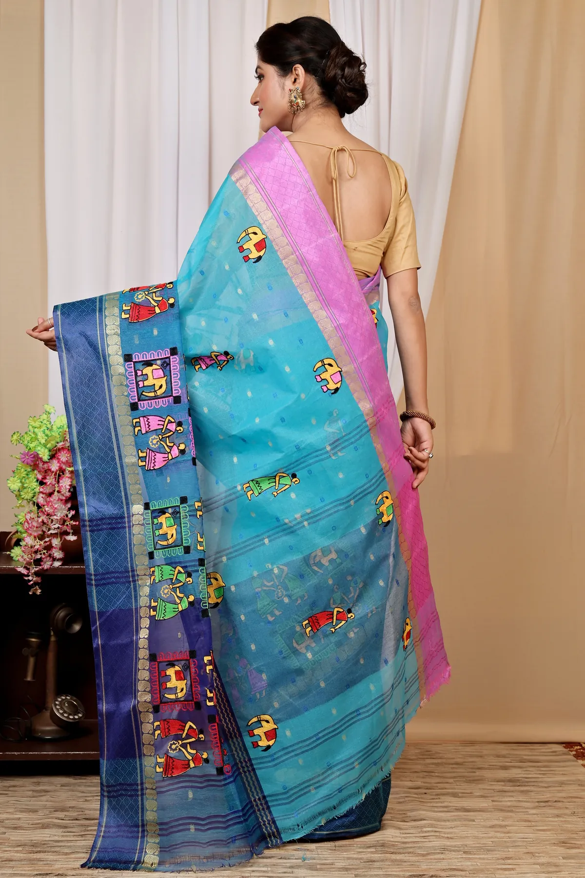 DipDiya Pure Cotton Sky Blue Embi Ganga Gajo Artisan Woven Embroidery Tant Sarees