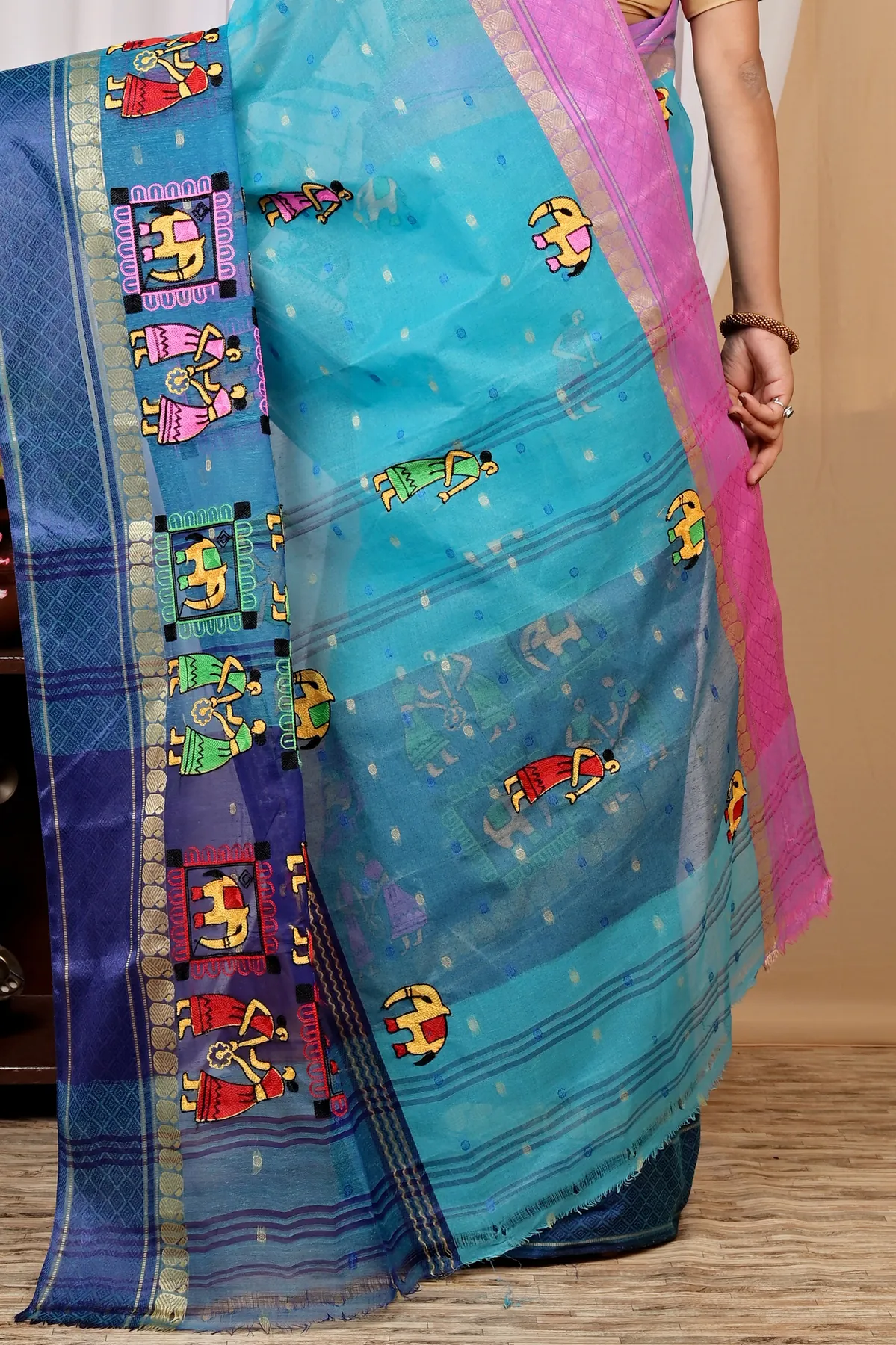 DipDiya Pure Cotton Sky Blue Embi Ganga Gajo Artisan Woven Embroidery Tant Sarees
