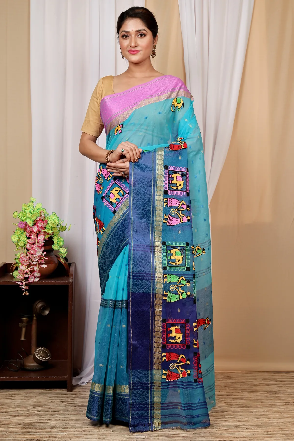 DipDiya Pure Cotton Sky Blue Embi Ganga Gajo Artisan Woven Embroidery Tant Sarees