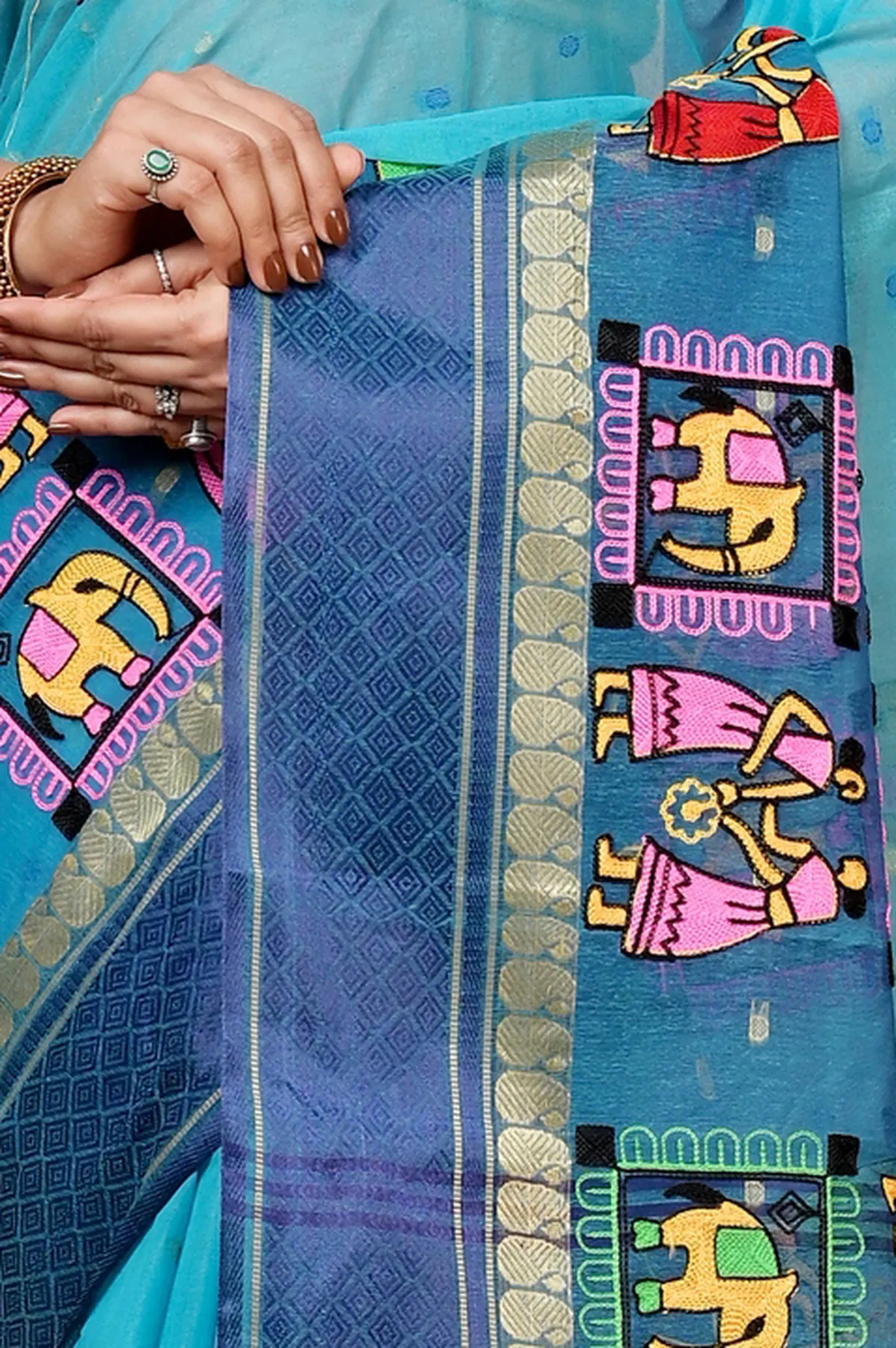 DipDiya Pure Cotton Sky Blue Embi Ganga Gajo Artisan Woven Embroidery Tant Sarees