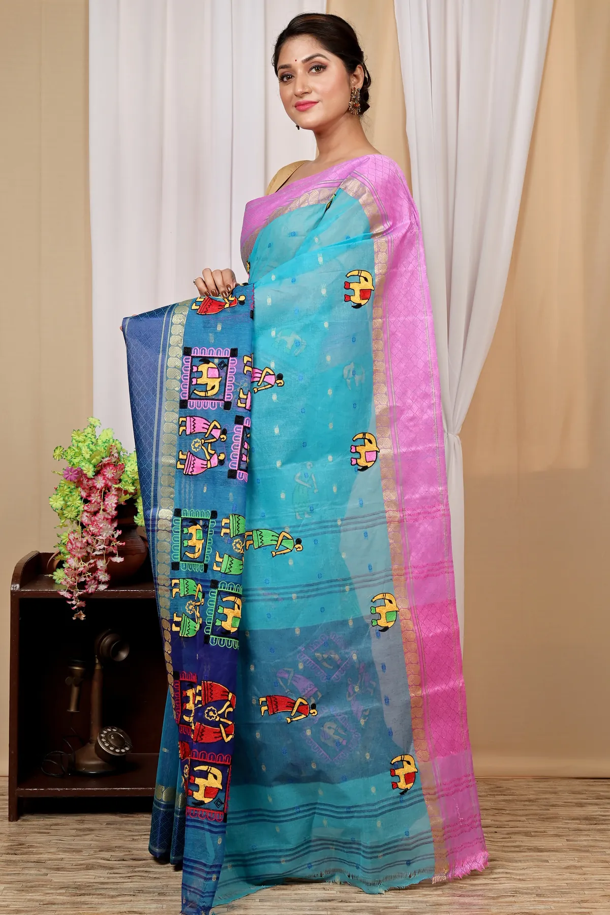 DipDiya Pure Cotton Sky Blue Embi Ganga Gajo Artisan Woven Embroidery Tant Sarees