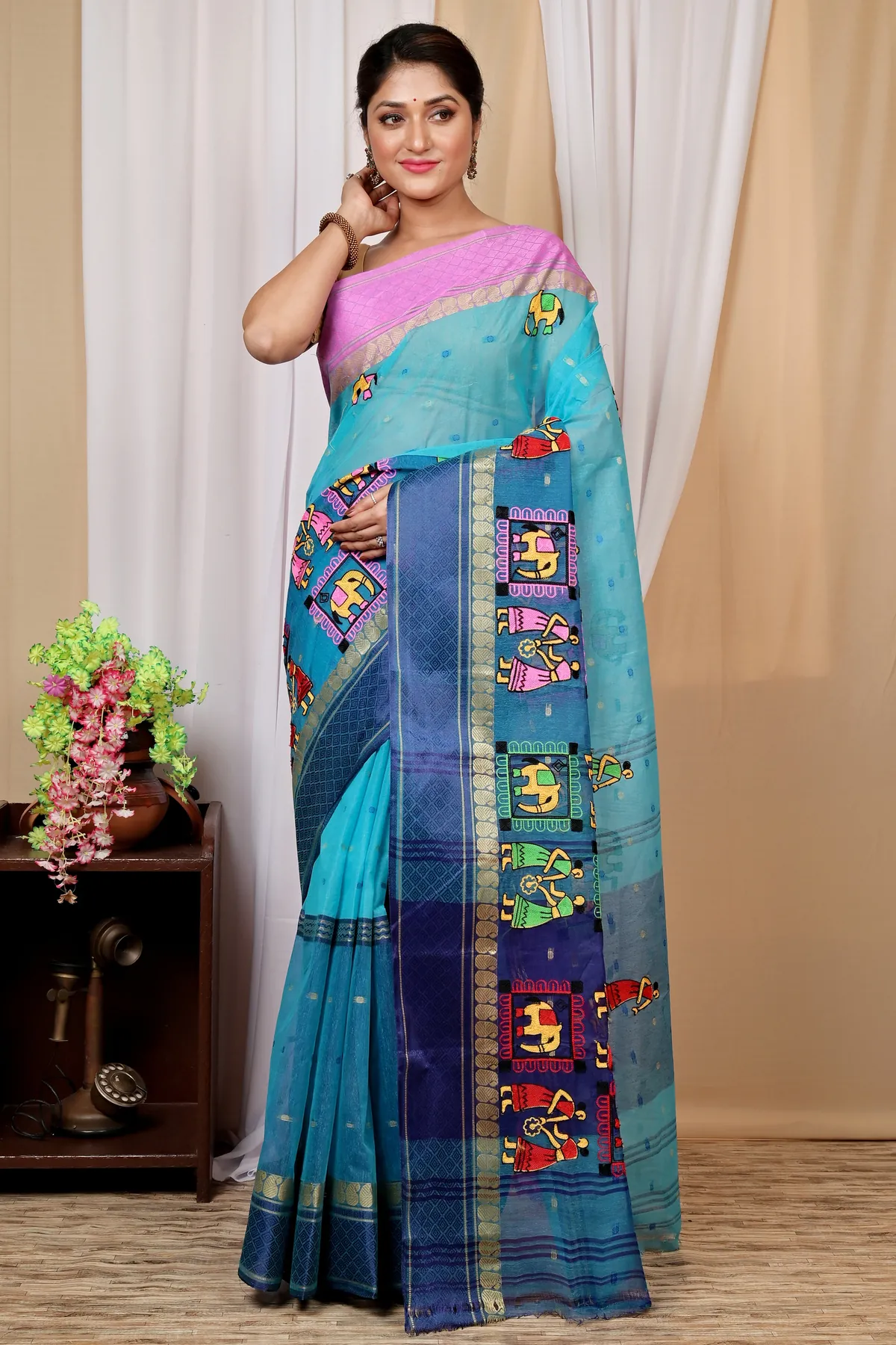 DipDiya Pure Cotton Sky Blue Embi Ganga Gajo Artisan Woven Embroidery Tant Sarees