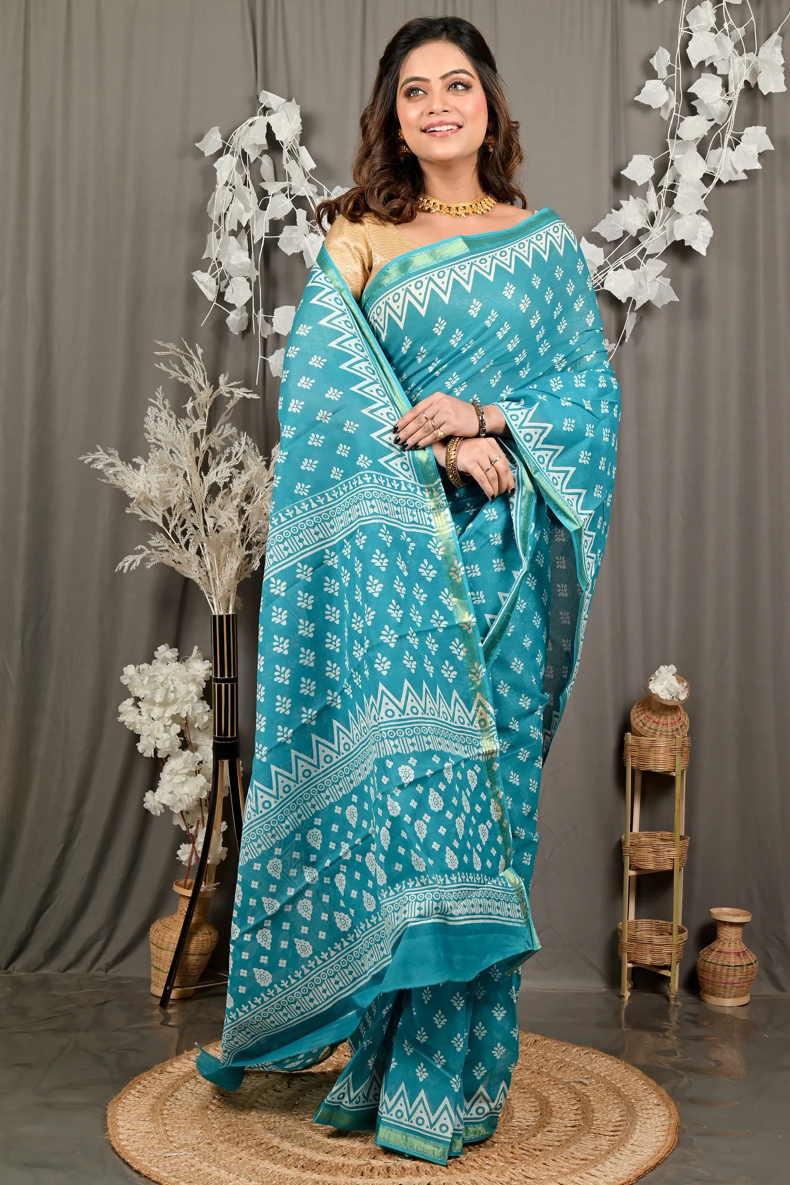 DipDiya Pure Cotton Sky Blue Febasi A Legacy Woven Batik Print Sarees