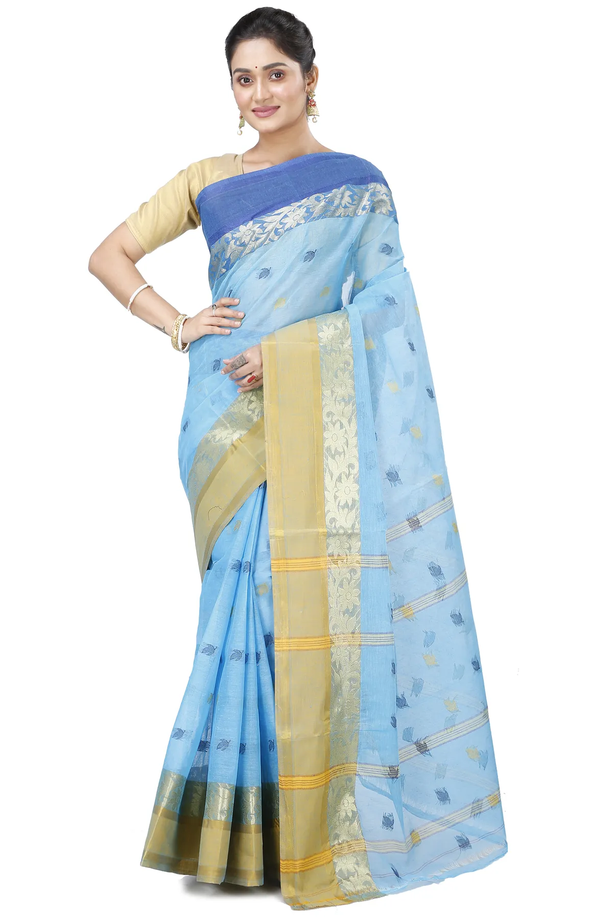 DipDiya Pure Cotton Sky Blue Geena Grace of Bengal Tant Sarees