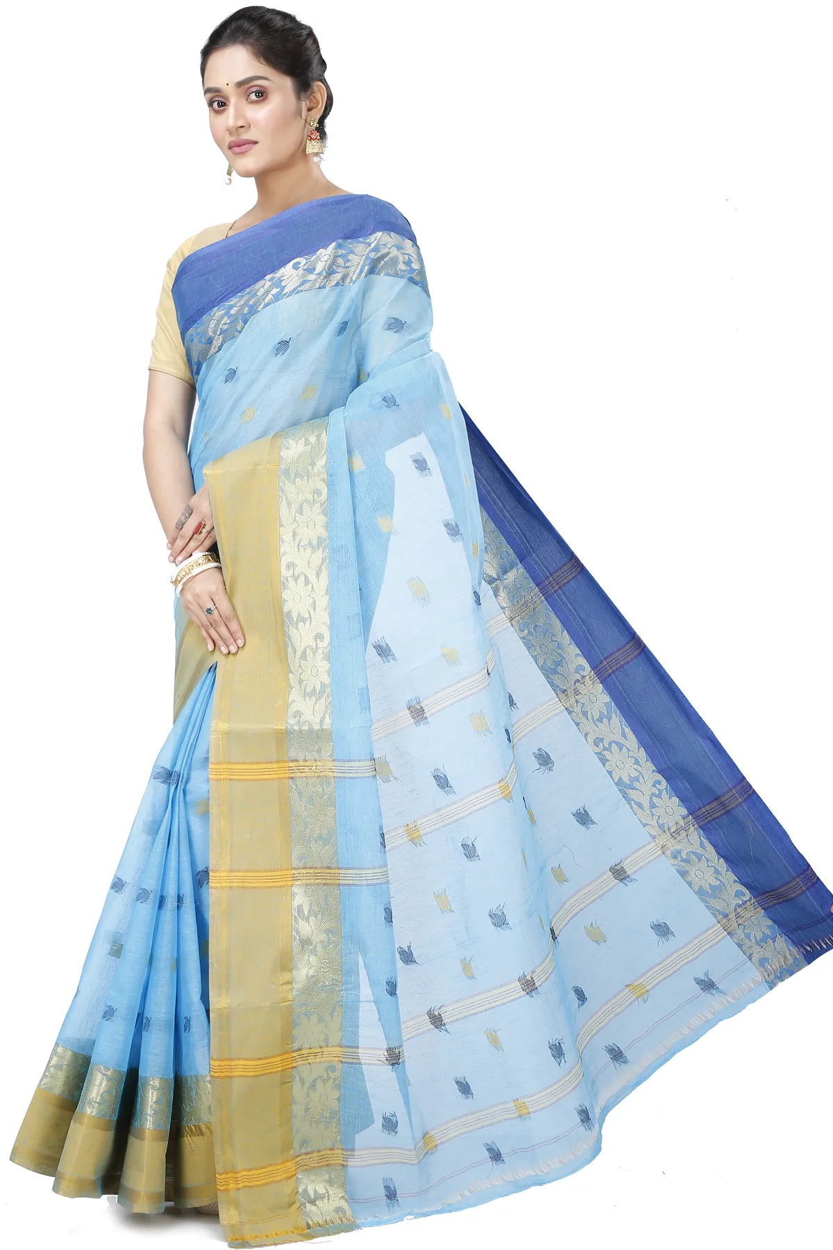 DipDiya Pure Cotton Sky Blue Geena Grace of Bengal Tant Sarees