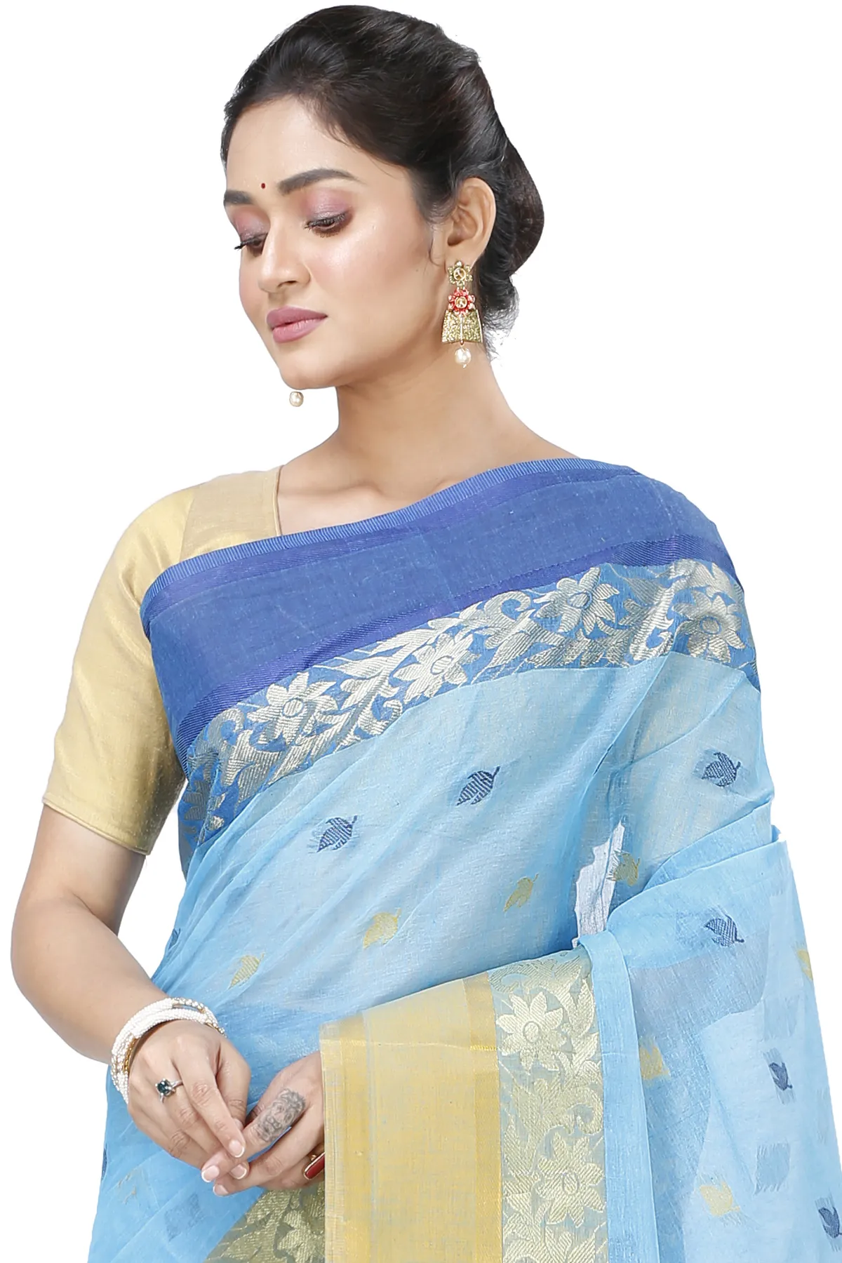 DipDiya Pure Cotton Sky Blue Geena Grace of Bengal Tant Sarees