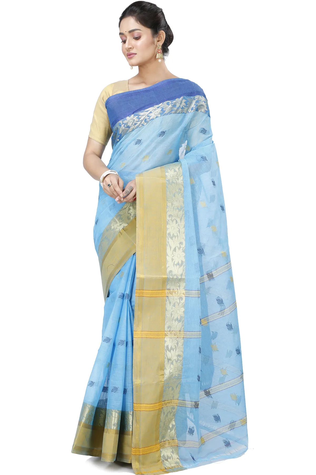 DipDiya Pure Cotton Sky Blue Geena Grace of Bengal Tant Sarees