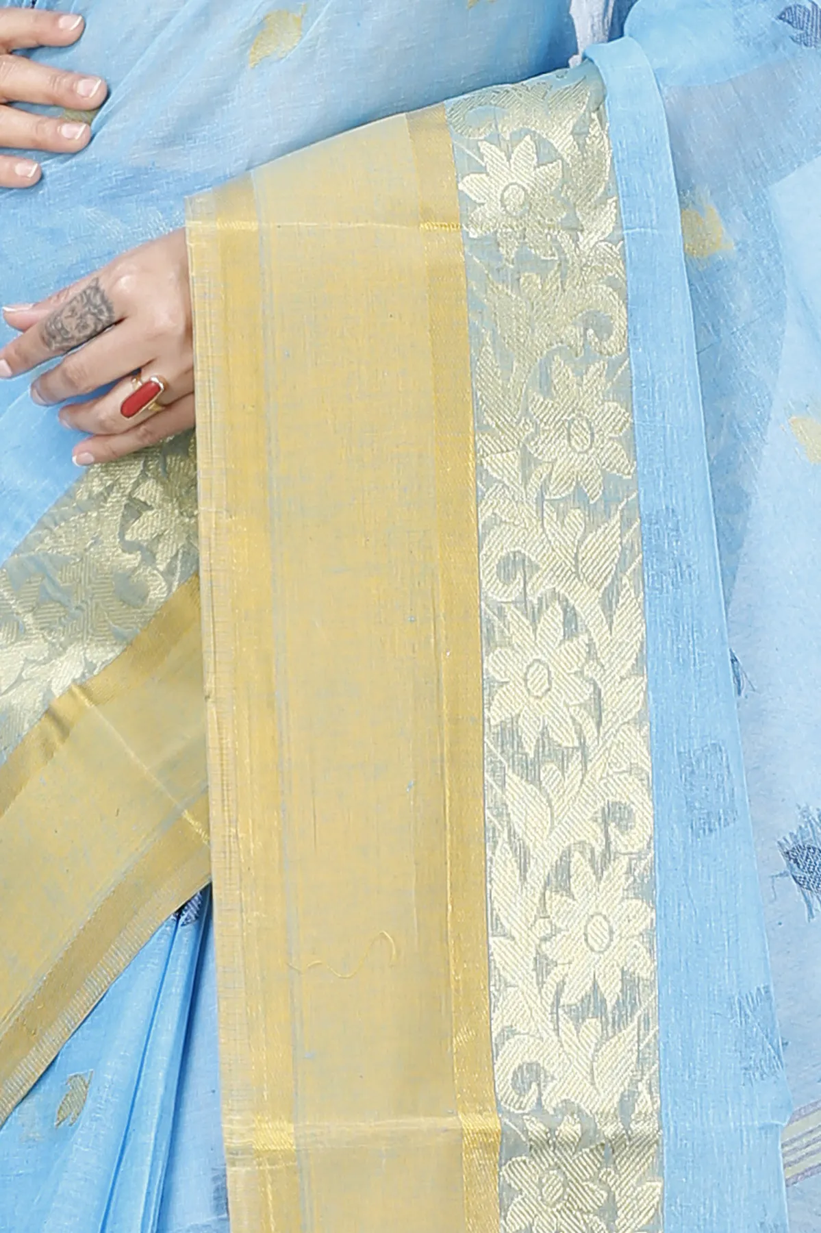 DipDiya Pure Cotton Sky Blue Geena Grace of Bengal Tant Sarees