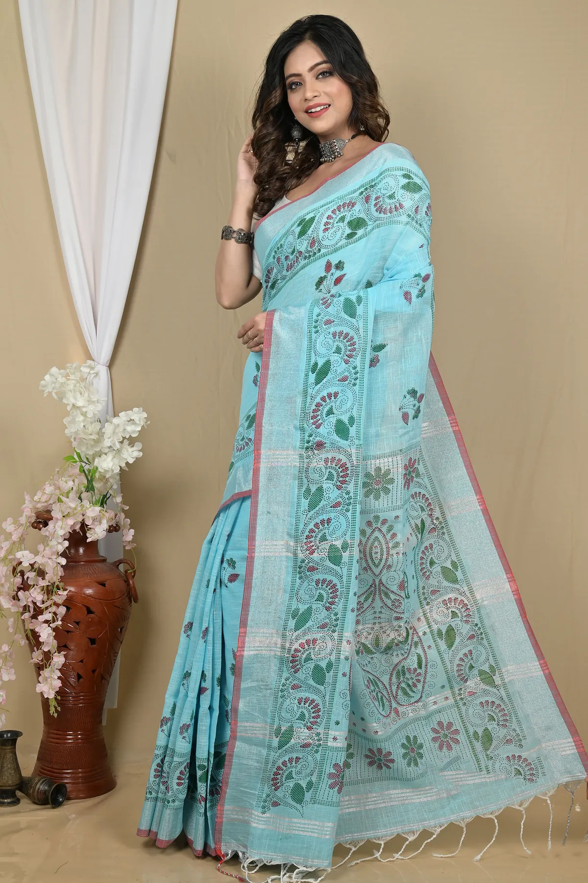 DipDiya Pure Cotton Sky Blue Hiral Traditional Bengali Printed Handloom Sarees