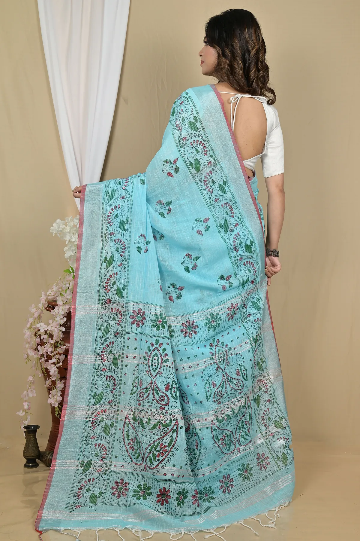 DipDiya Pure Cotton Sky Blue Hiral Traditional Bengali Printed Handloom Sarees