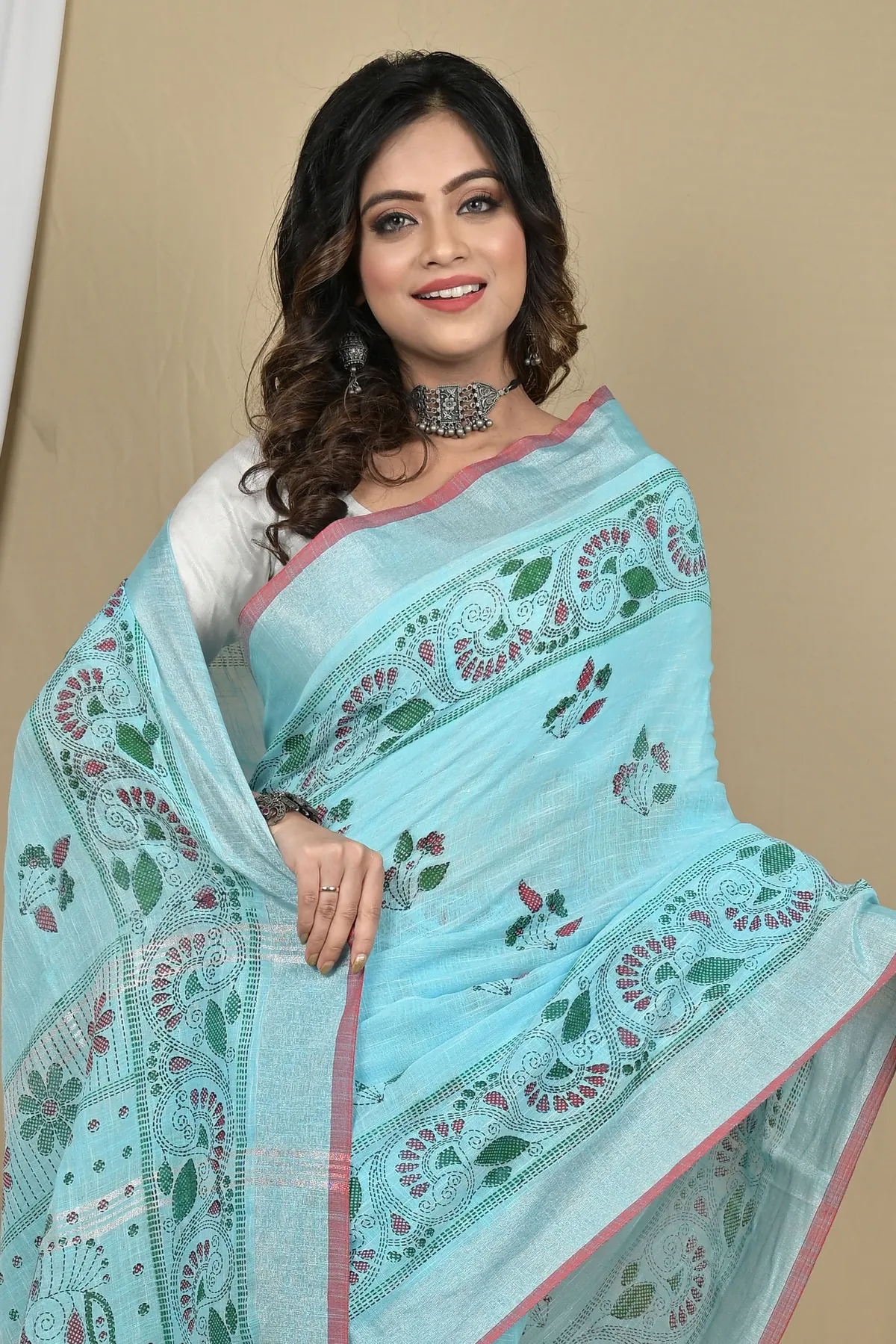 DipDiya Pure Cotton Sky Blue Hiral Traditional Bengali Printed Handloom Sarees