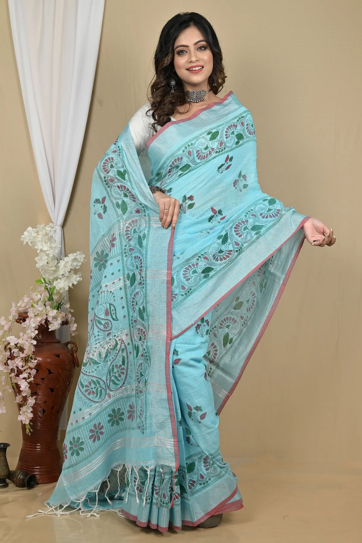 DipDiya Pure Cotton Sky Blue Hiral Traditional Bengali Printed Handloom Sarees