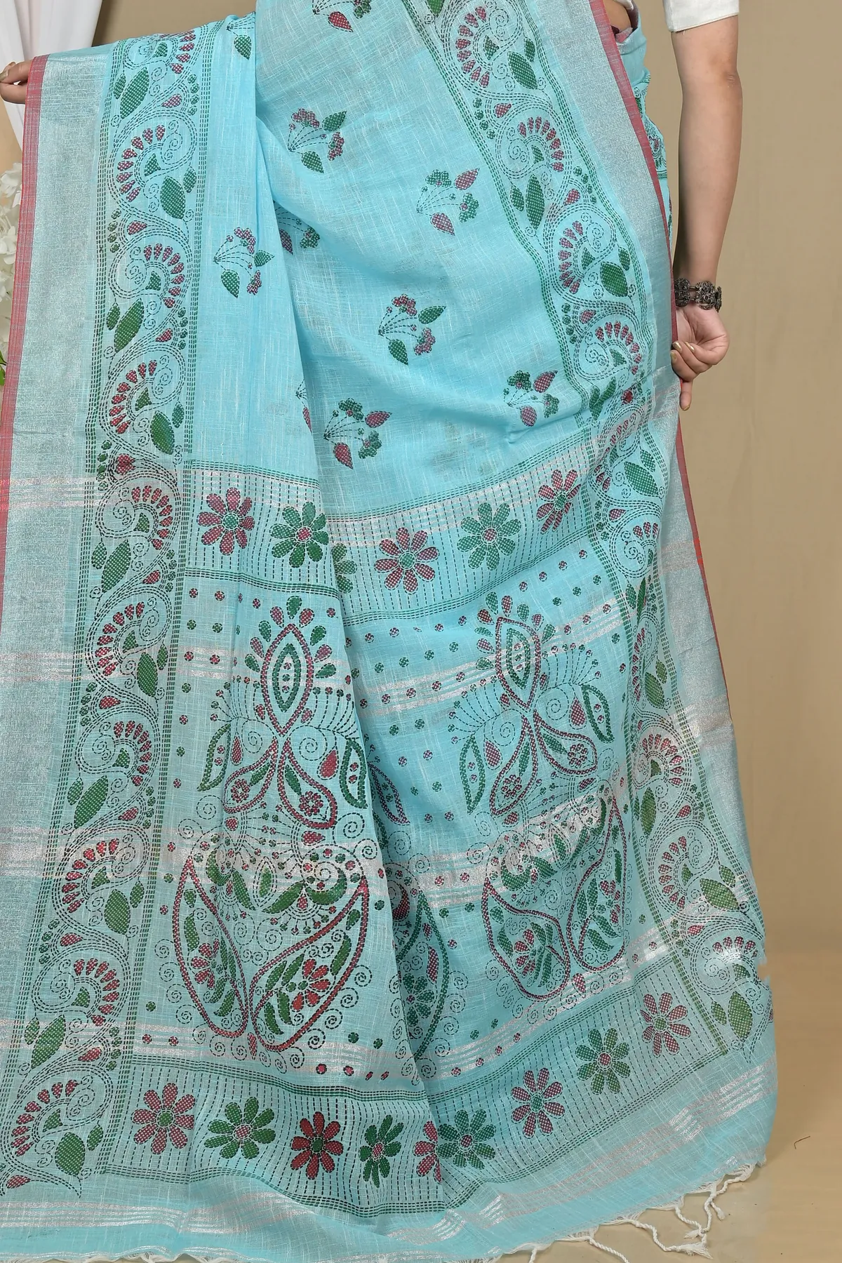 DipDiya Pure Cotton Sky Blue Hiral Traditional Bengali Printed Handloom Sarees