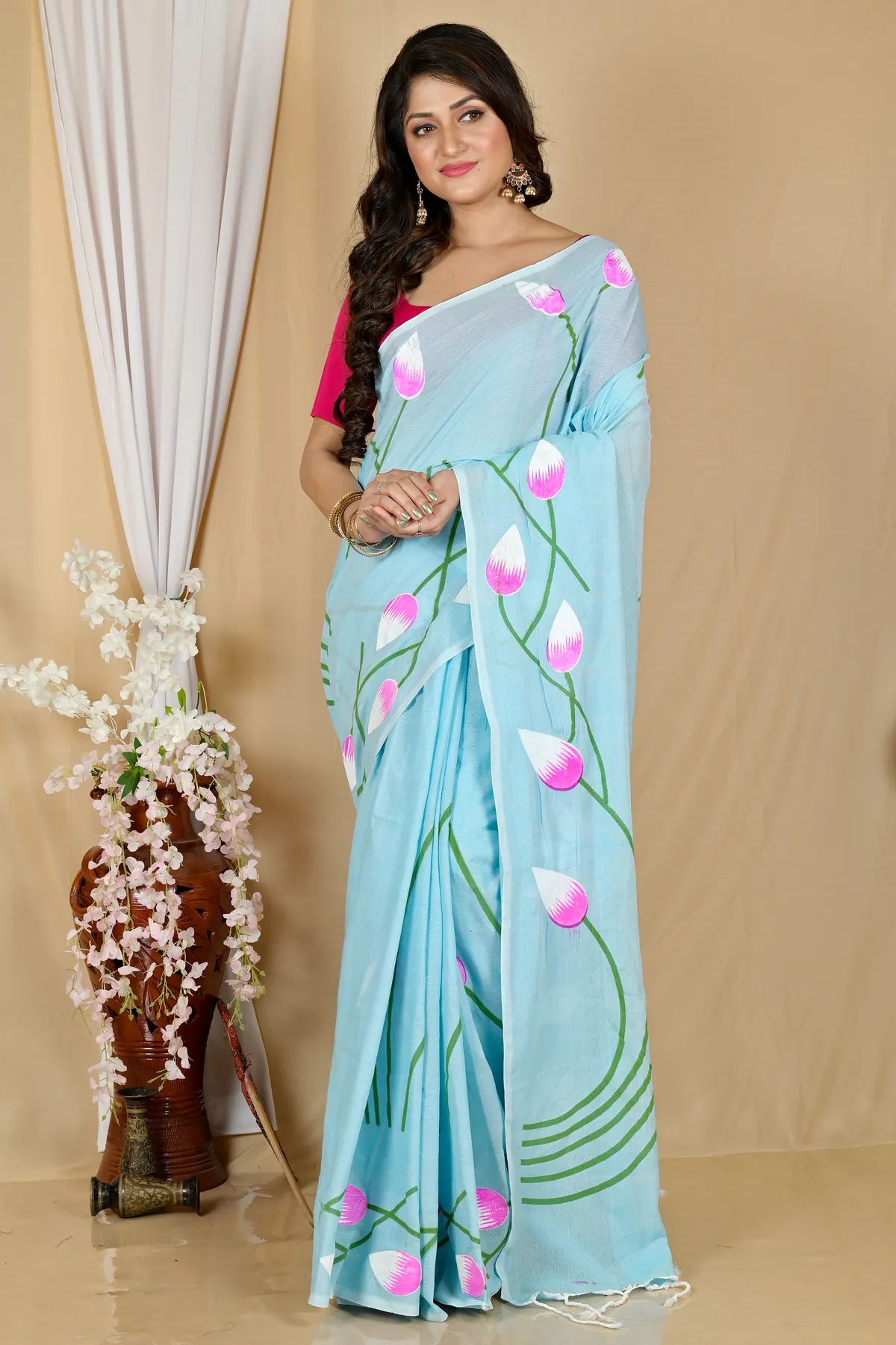 DipDiya Pure Cotton Sky Blue Kamal Handloom Heritage Hand Painted Sarees