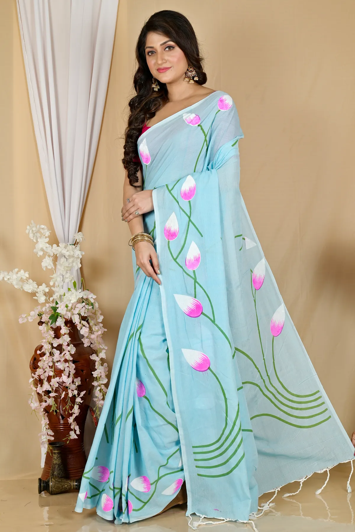 DipDiya Pure Cotton Sky Blue Kamal Handloom Heritage Hand Painted Sarees