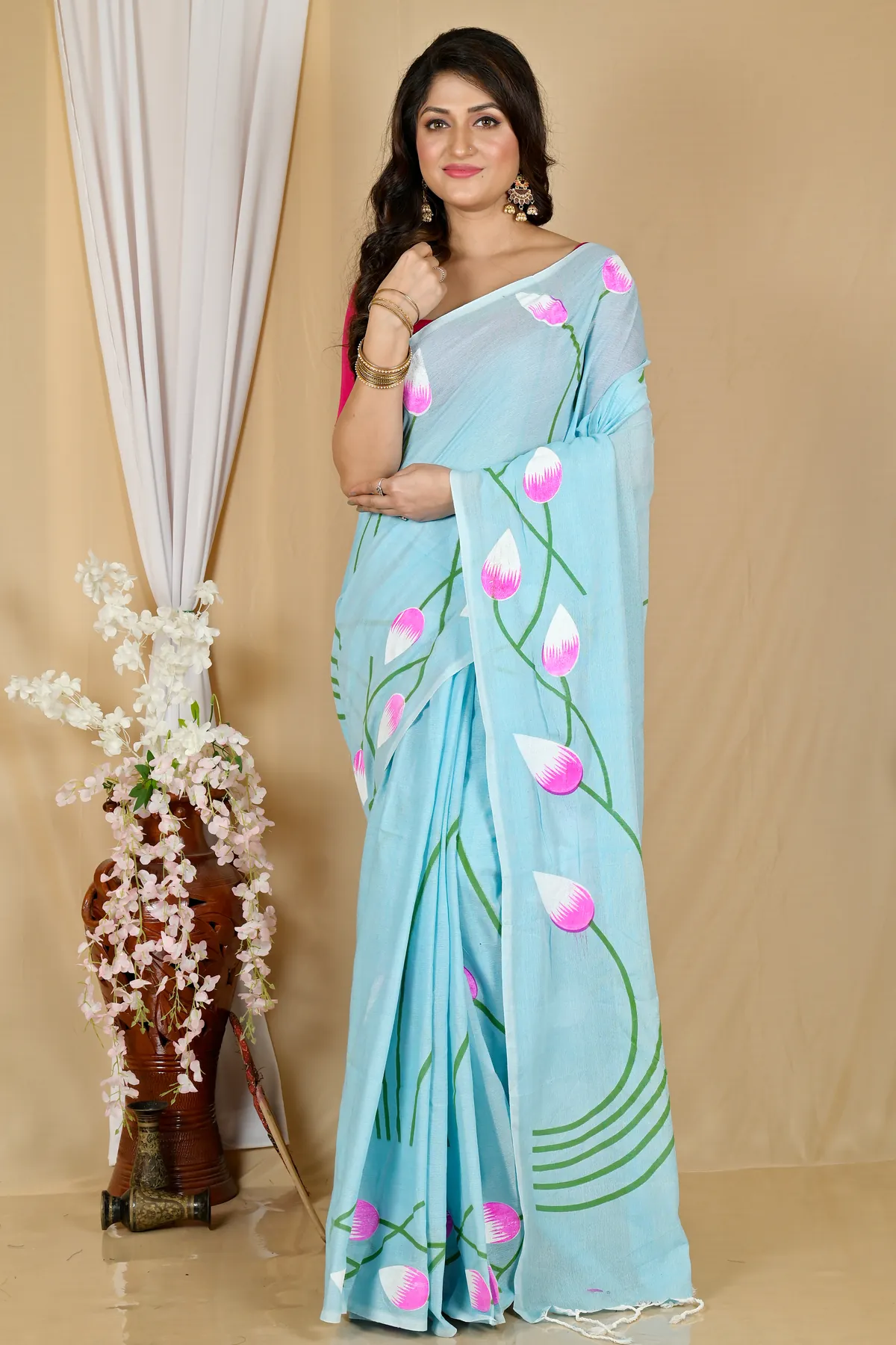 DipDiya Pure Cotton Sky Blue Kamal Handloom Heritage Hand Painted Sarees