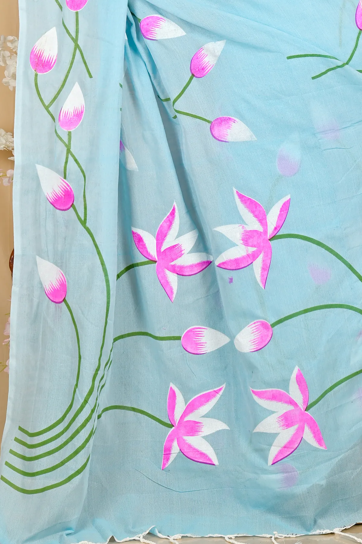 DipDiya Pure Cotton Sky Blue Kamal Handloom Heritage Hand Painted Sarees