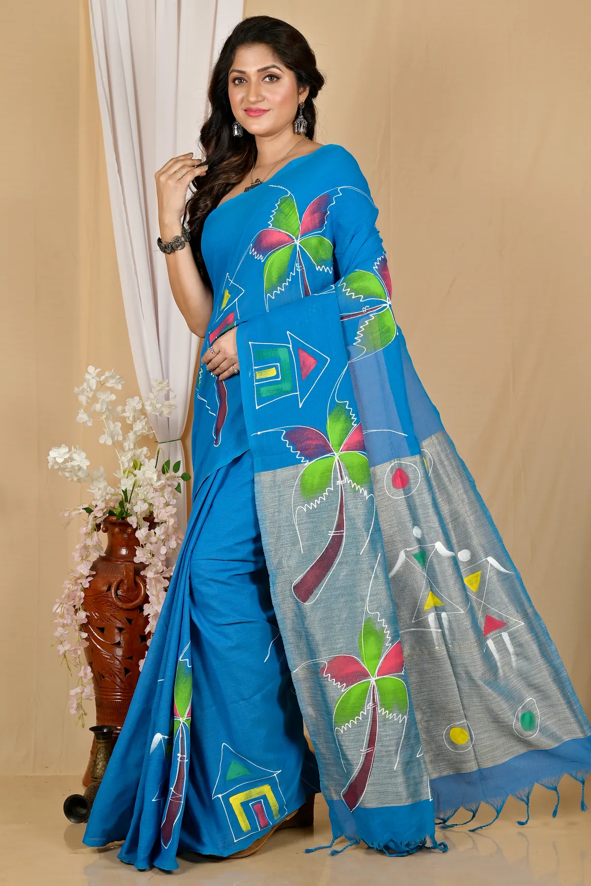 DipDiya Pure Cotton Sky Blue Keshaka Woven with Love Hand Painted Sarees