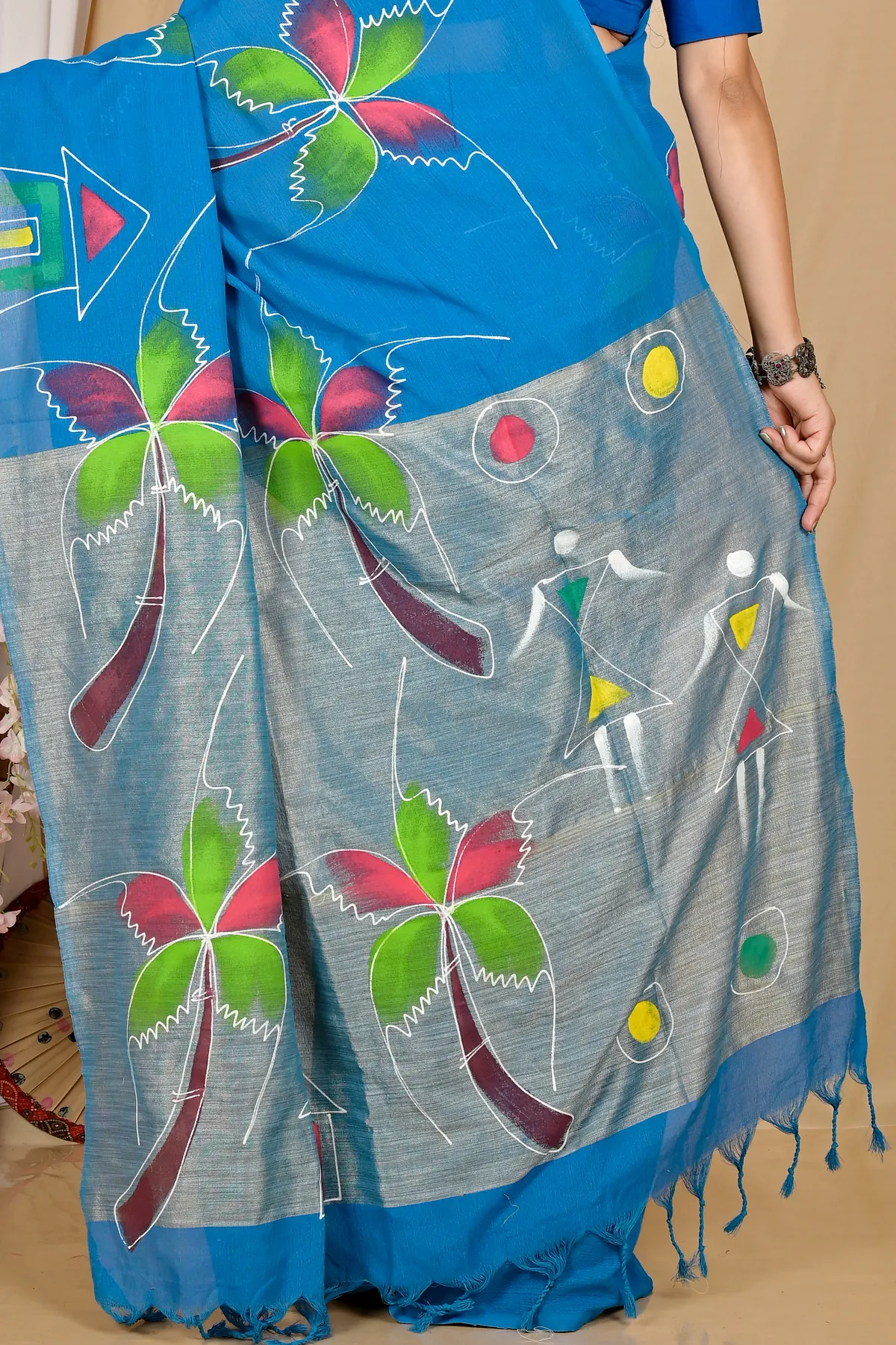DipDiya Pure Cotton Sky Blue Keshaka Woven with Love Hand Painted Sarees