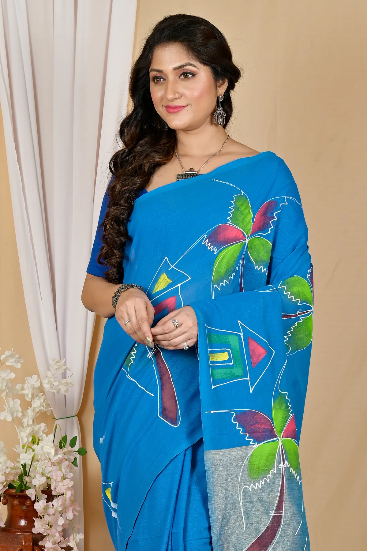DipDiya Pure Cotton Sky Blue Keshaka Woven with Love Hand Painted Sarees
