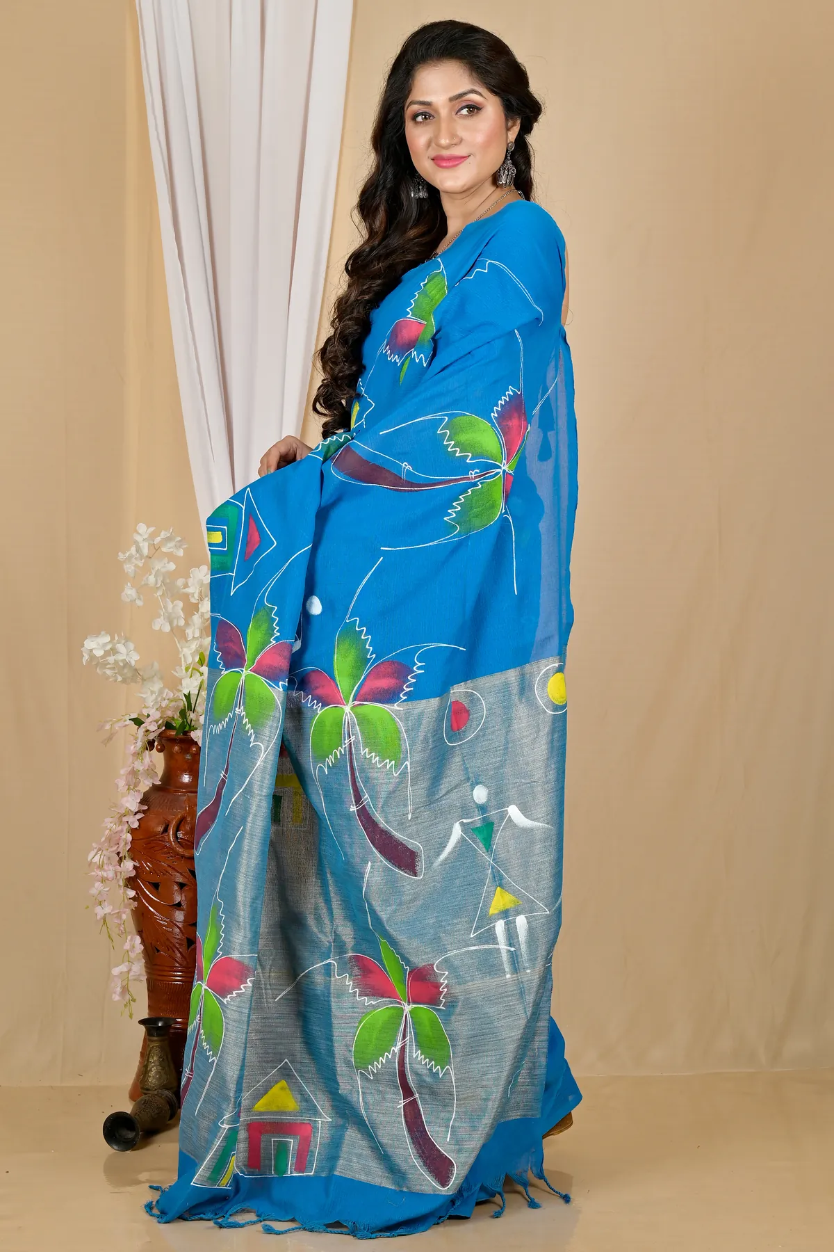 DipDiya Pure Cotton Sky Blue Keshaka Woven with Love Hand Painted Sarees