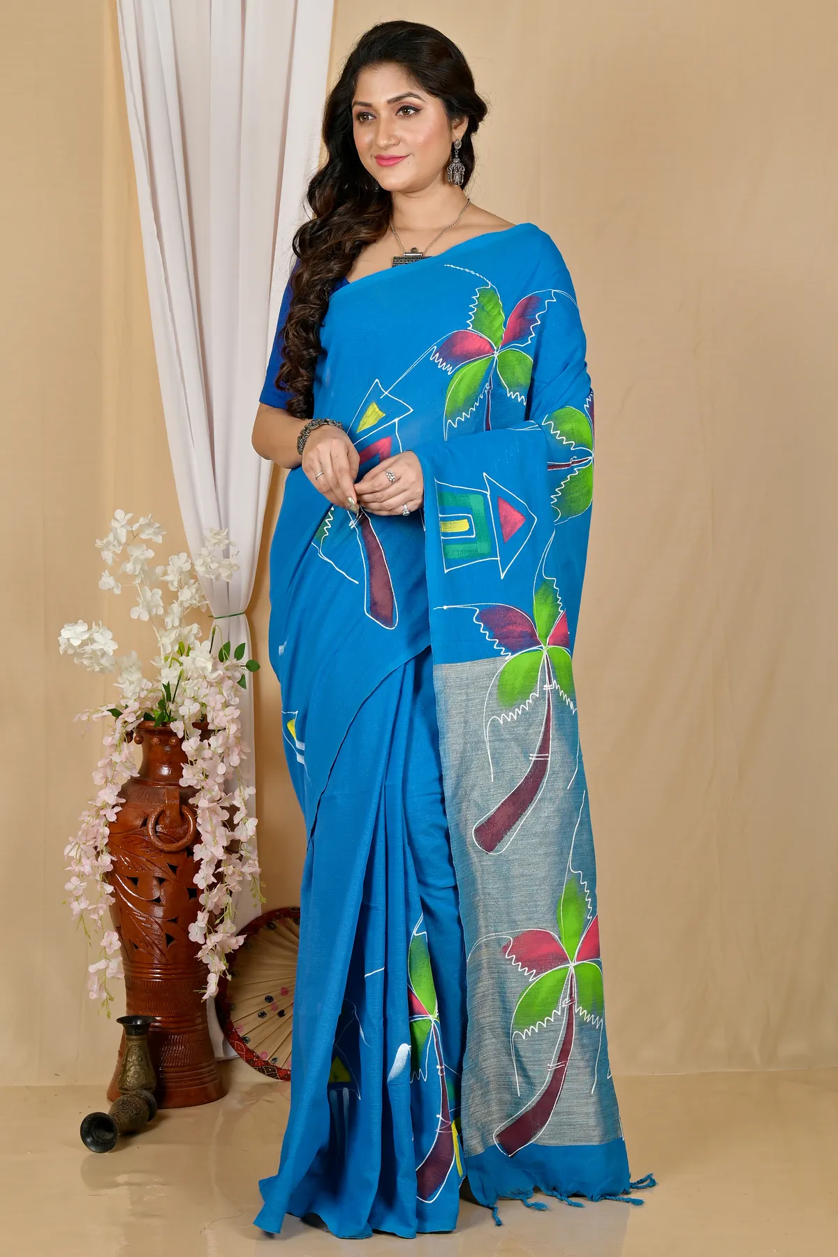 DipDiya Pure Cotton Sky Blue Keshaka Woven with Love Hand Painted Sarees