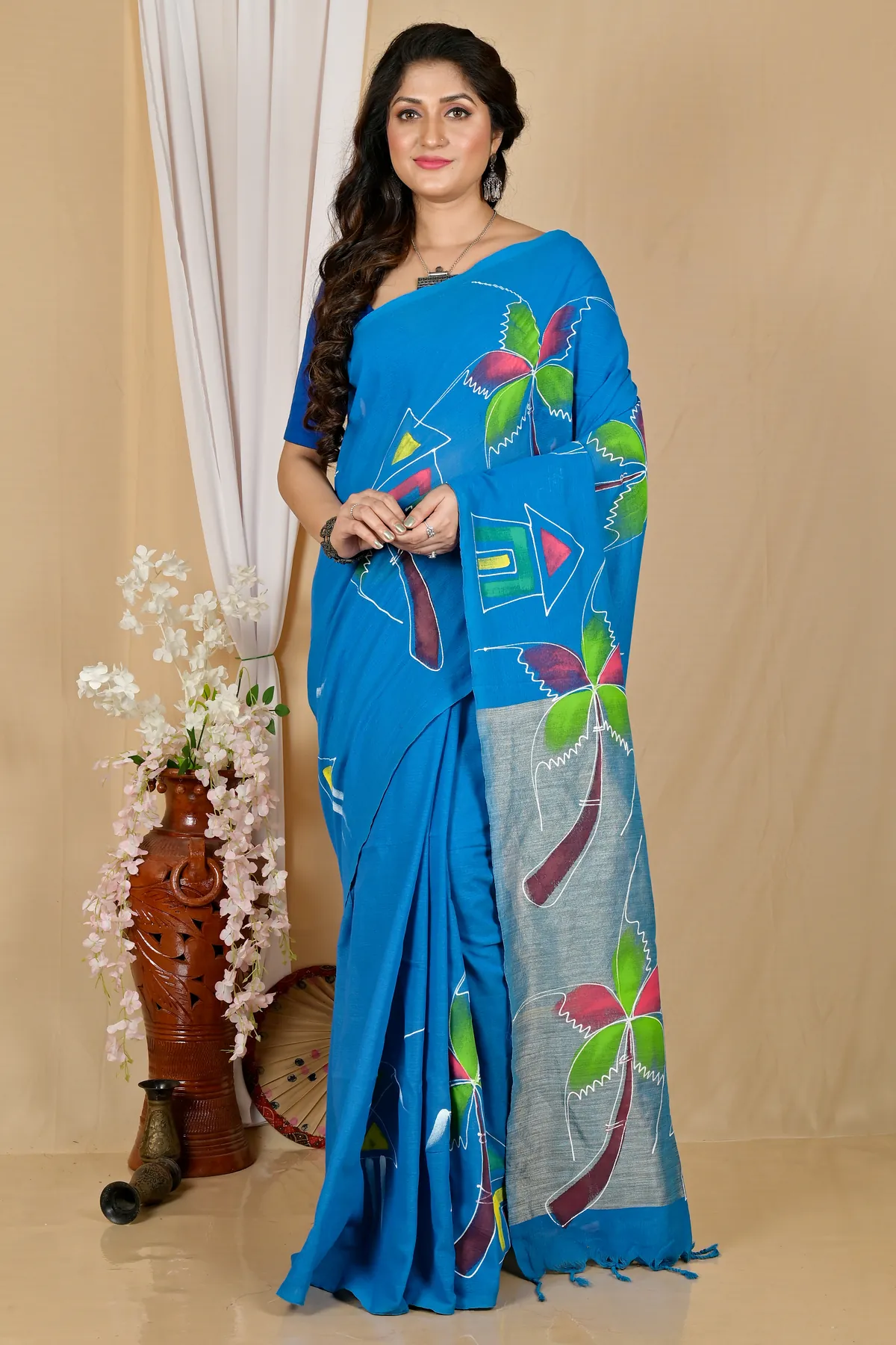 DipDiya Pure Cotton Sky Blue Keshaka Woven with Love Hand Painted Sarees