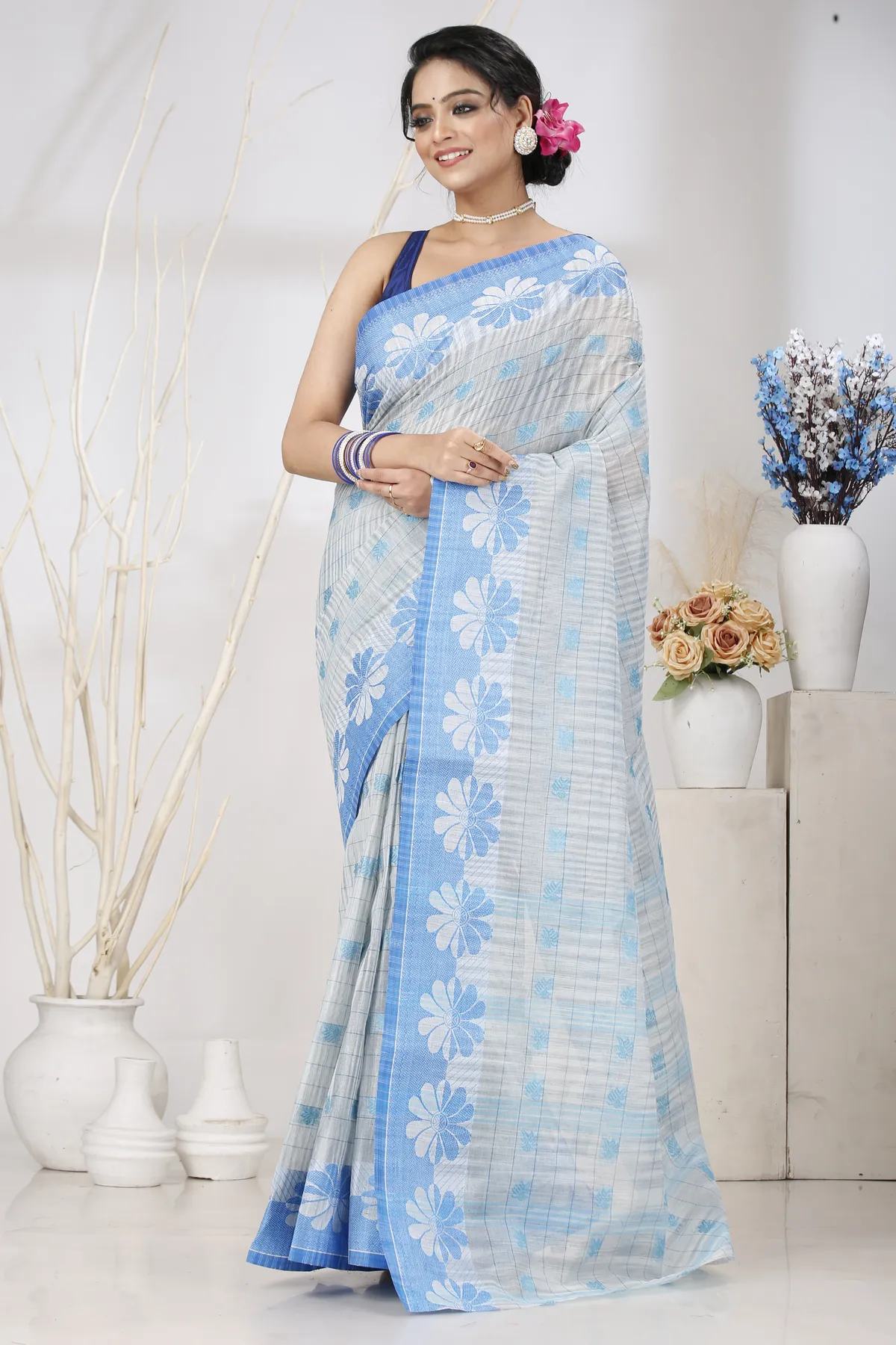 DipDiya Pure Cotton Sky Blue KotkiTat Elegance in Every Weave Tant Sarees