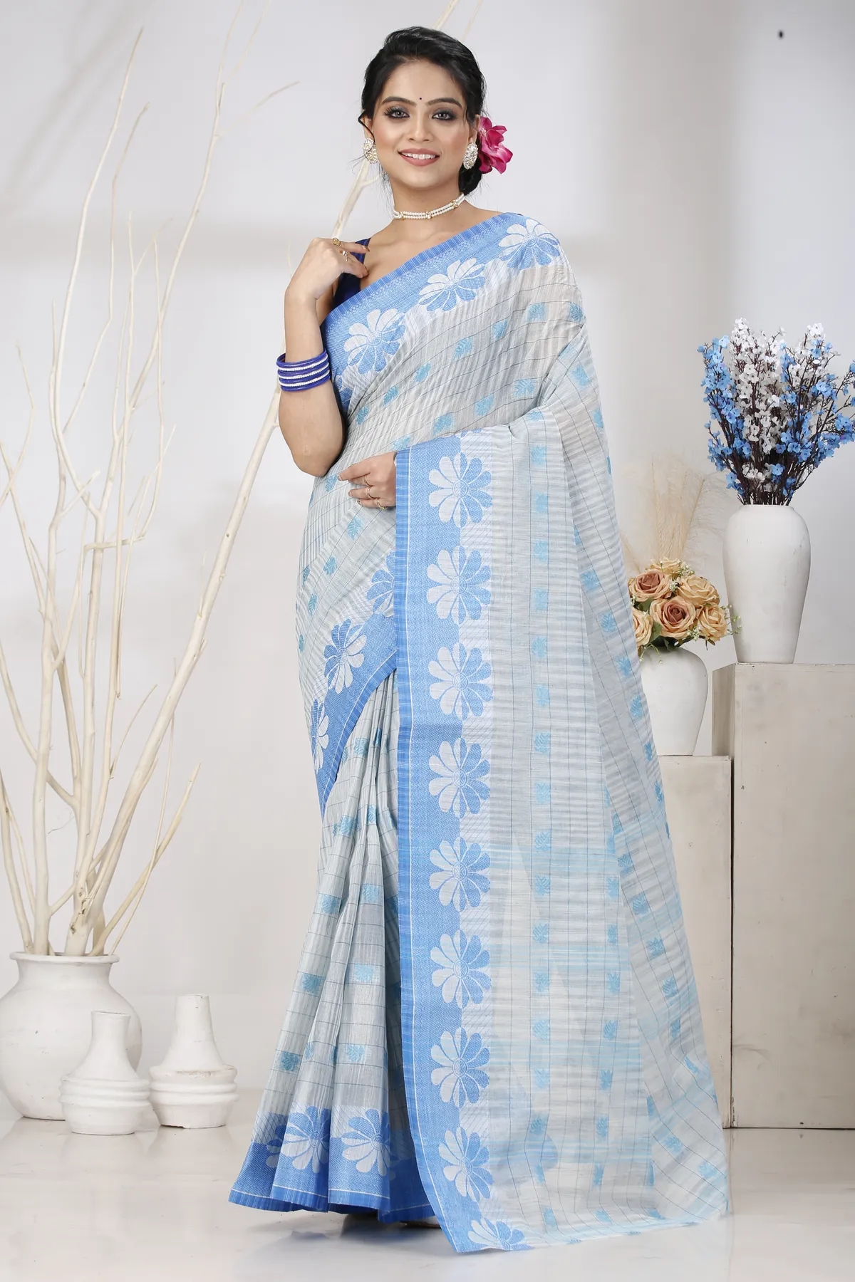 DipDiya Pure Cotton Sky Blue KotkiTat Elegance in Every Weave Tant Sarees