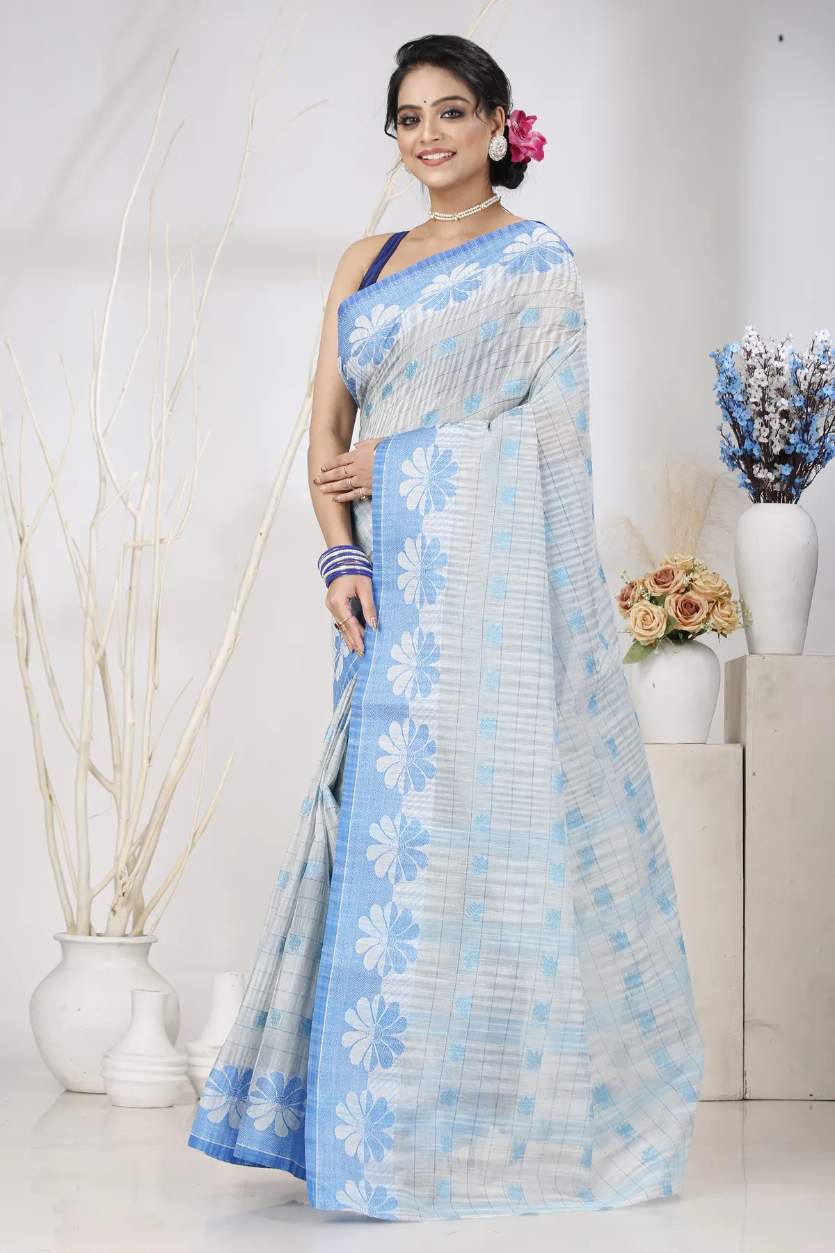 DipDiya Pure Cotton Sky Blue KotkiTat Elegance in Every Weave Tant Sarees
