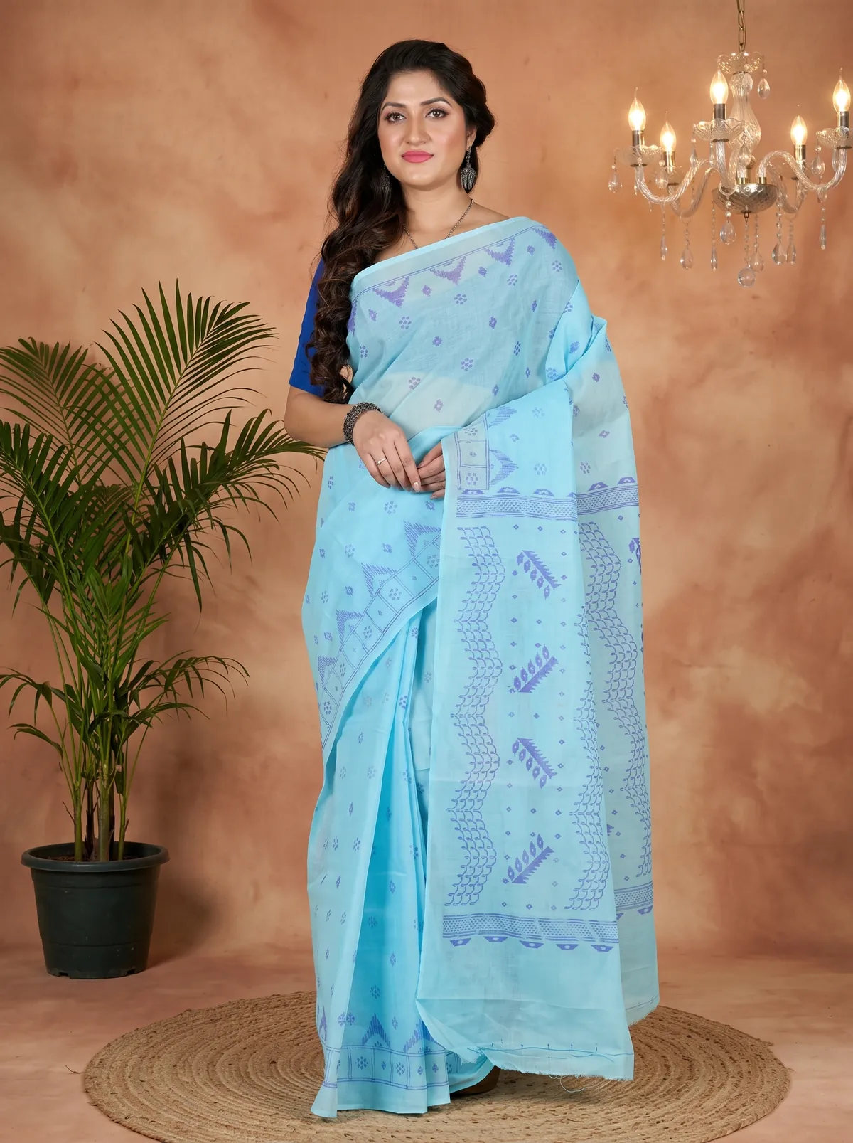 DipDiya Pure Cotton Sky Blue Lupata Loom to Love Printed Tant Sarees
