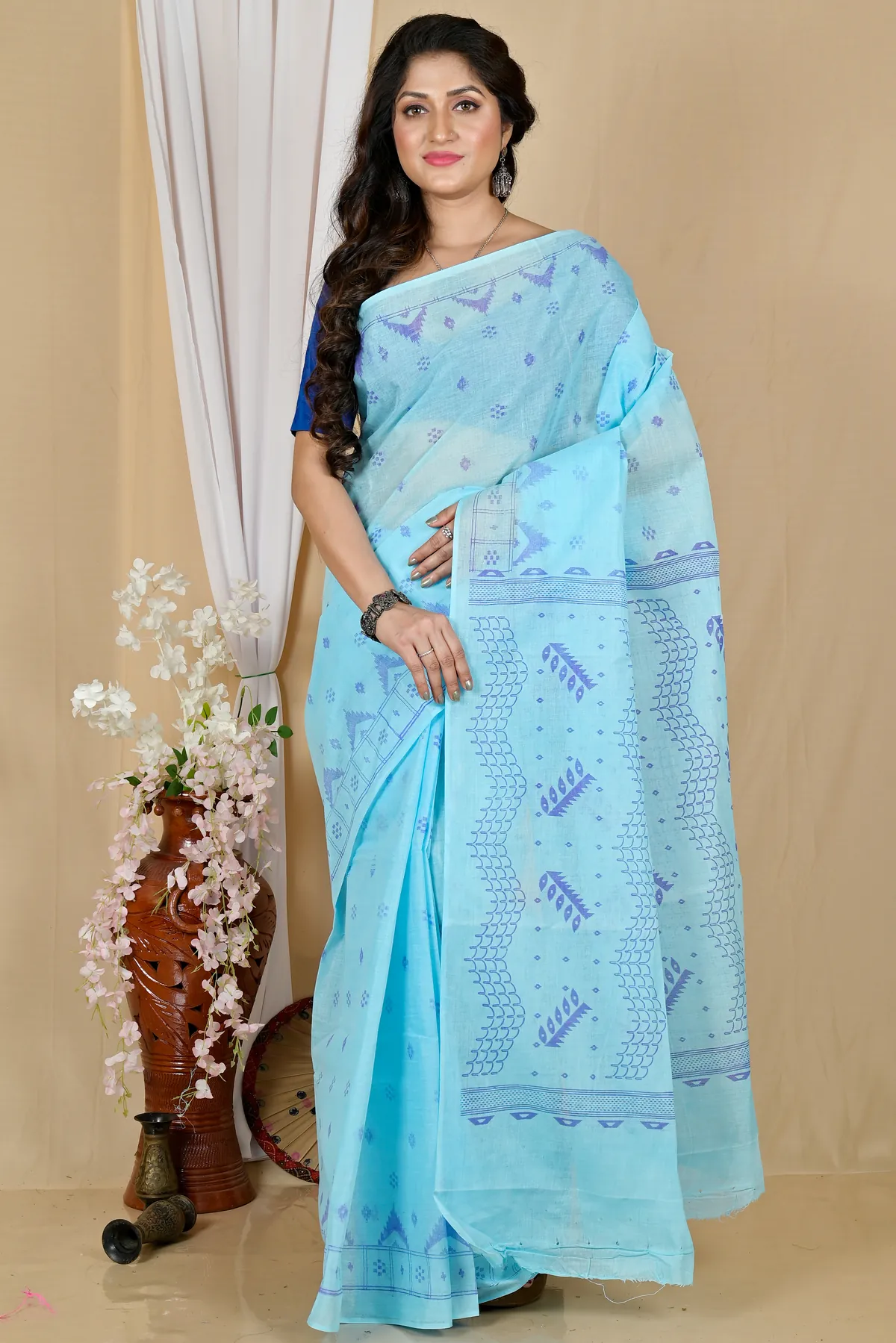 DipDiya Pure Cotton Sky Blue Lupata Loom to Love Printed Tant Sarees