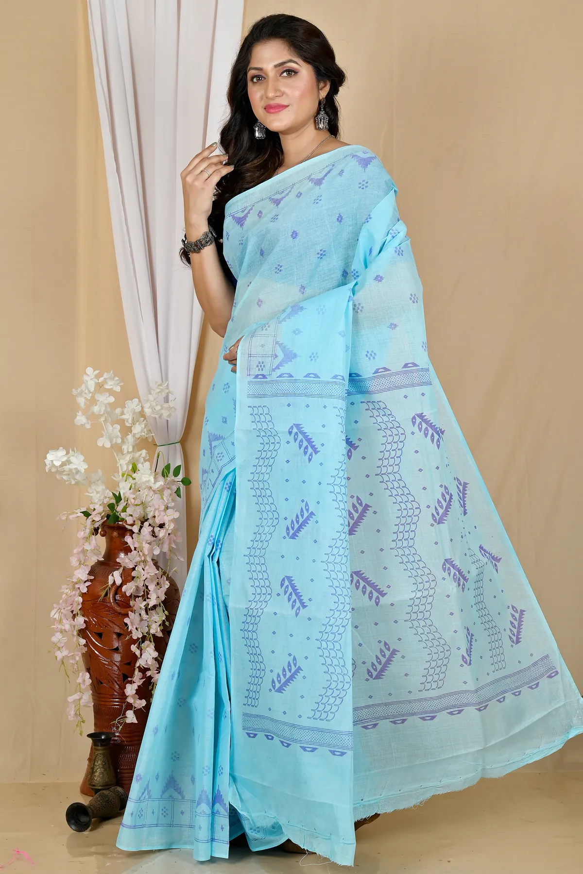 DipDiya Pure Cotton Sky Blue Lupata Loom to Love Printed Tant Sarees