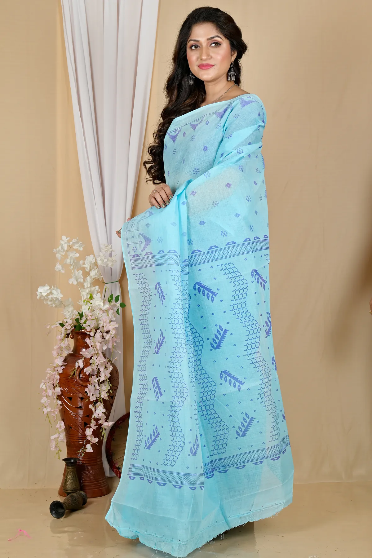 DipDiya Pure Cotton Sky Blue Lupata Loom to Love Printed Tant Sarees