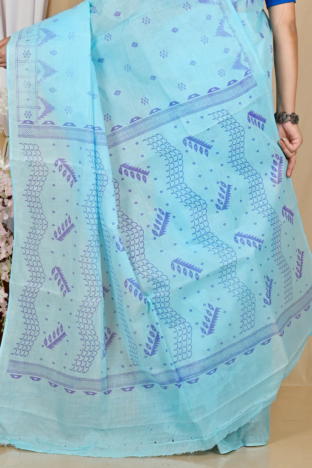 DipDiya Pure Cotton Sky Blue Lupata Loom to Love Printed Tant Sarees