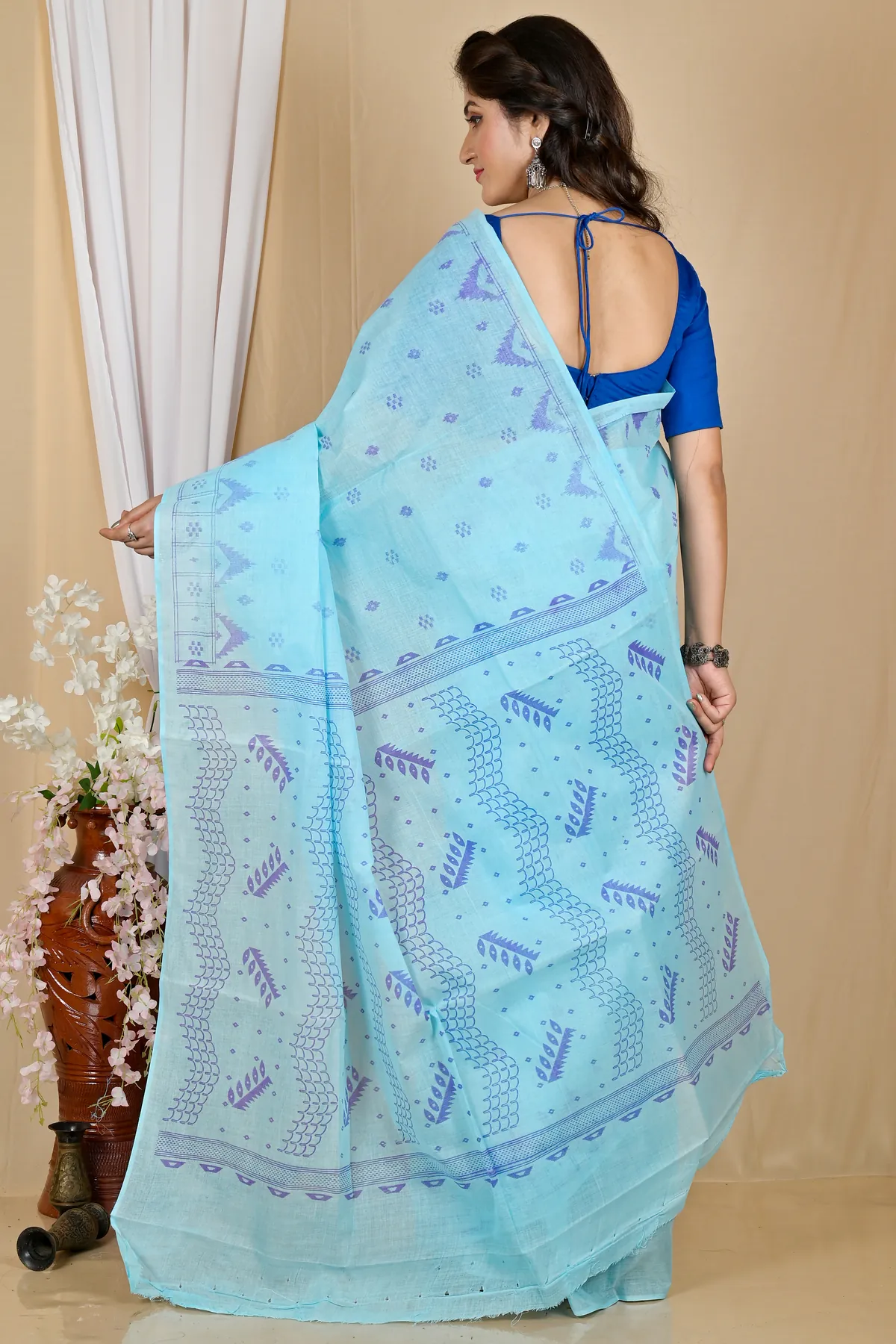 DipDiya Pure Cotton Sky Blue Lupata Loom to Love Printed Tant Sarees