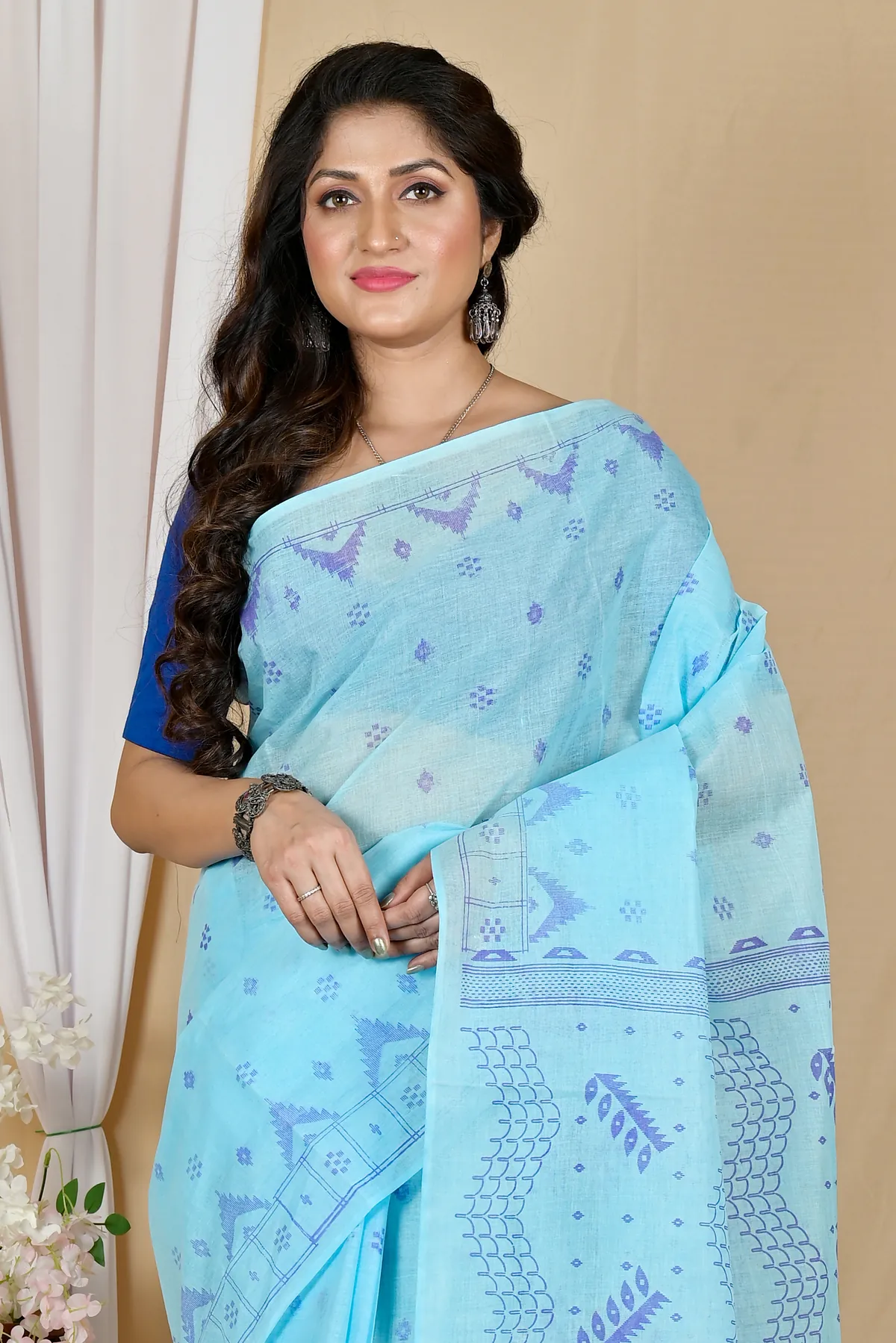 DipDiya Pure Cotton Sky Blue Lupata Loom to Love Printed Tant Sarees