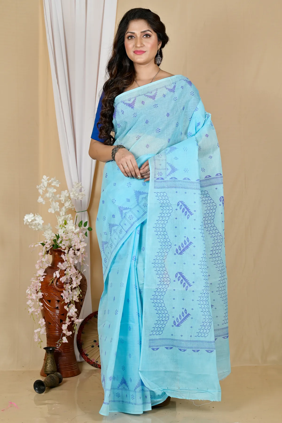 DipDiya Pure Cotton Sky Blue Lupata Loom to Love Printed Tant Sarees