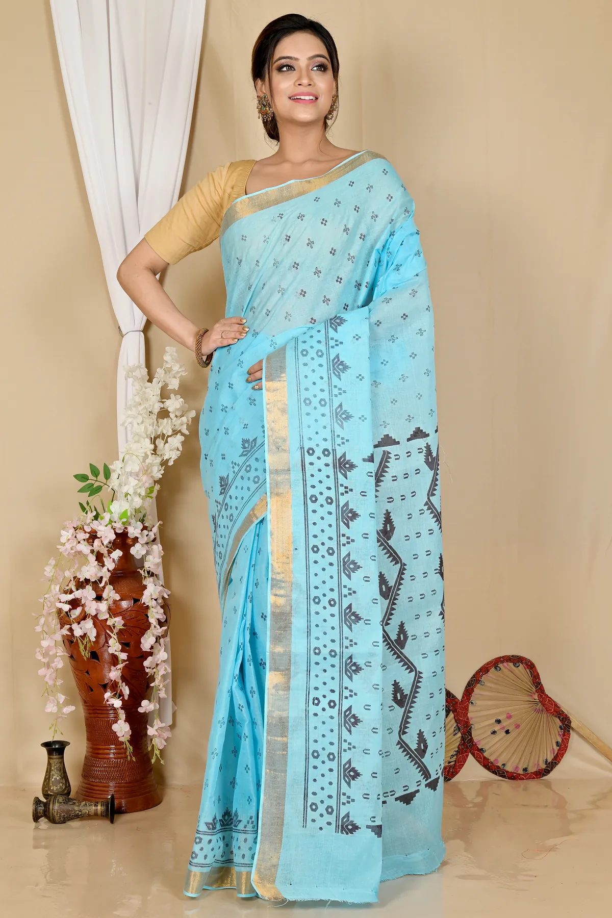 DipDiya Pure Cotton Sky Blue Luvna Elegance in Every Weave Printed Tant Sarees