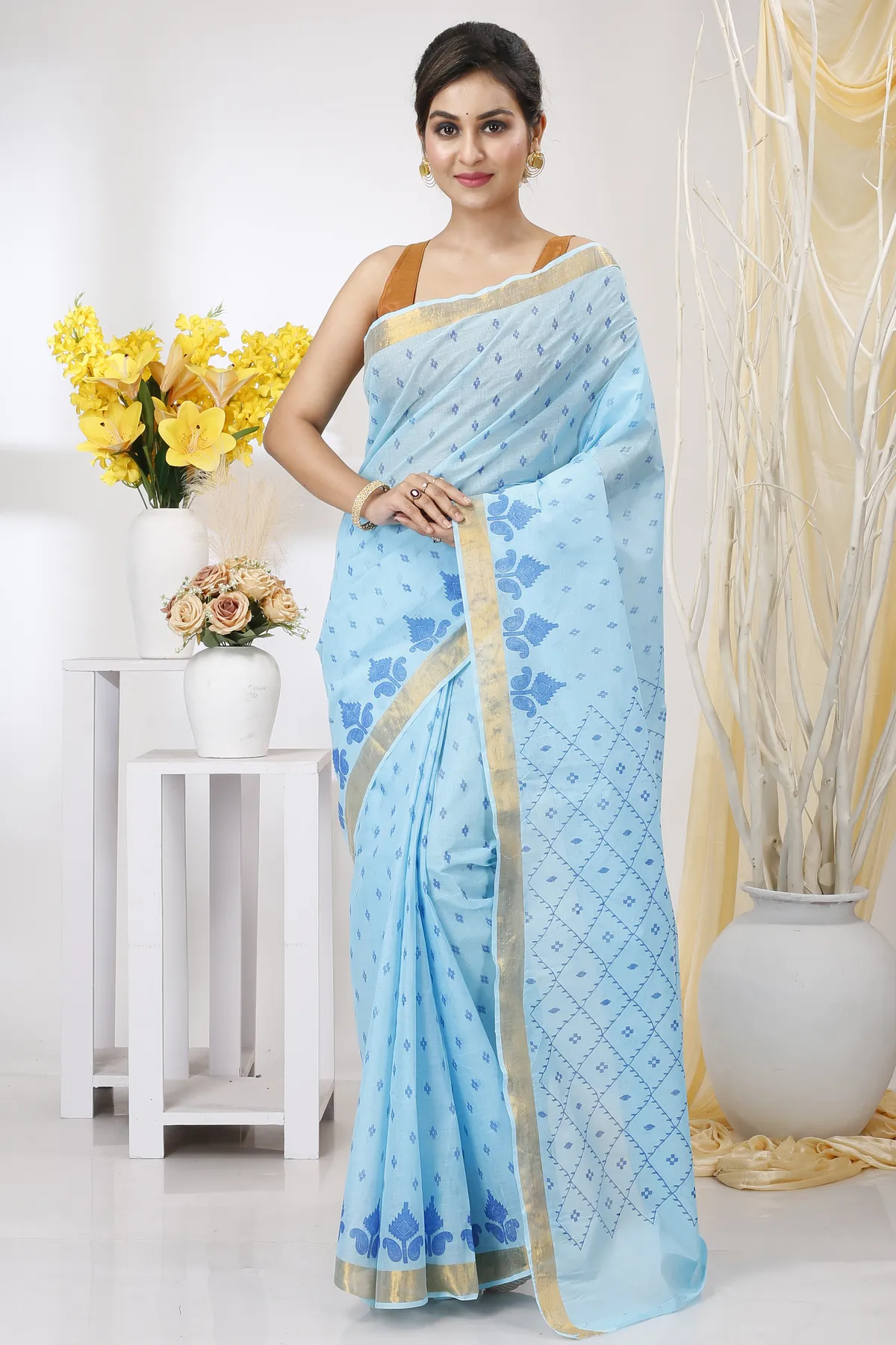 DipDiya Pure Cotton Sky Blue Luvya Woven with Tradition Printed Tant Sarees