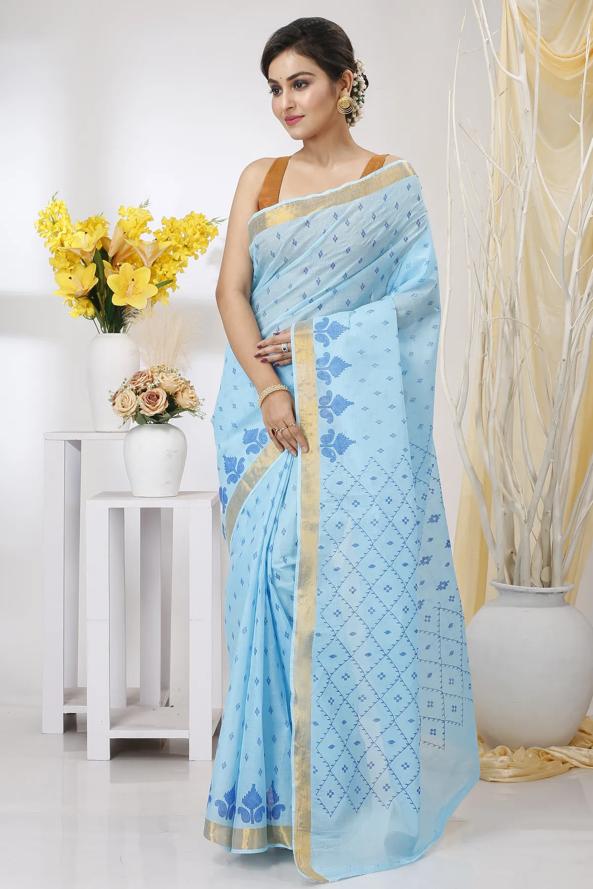 DipDiya Pure Cotton Sky Blue Luvya Woven with Tradition Printed Tant Sarees