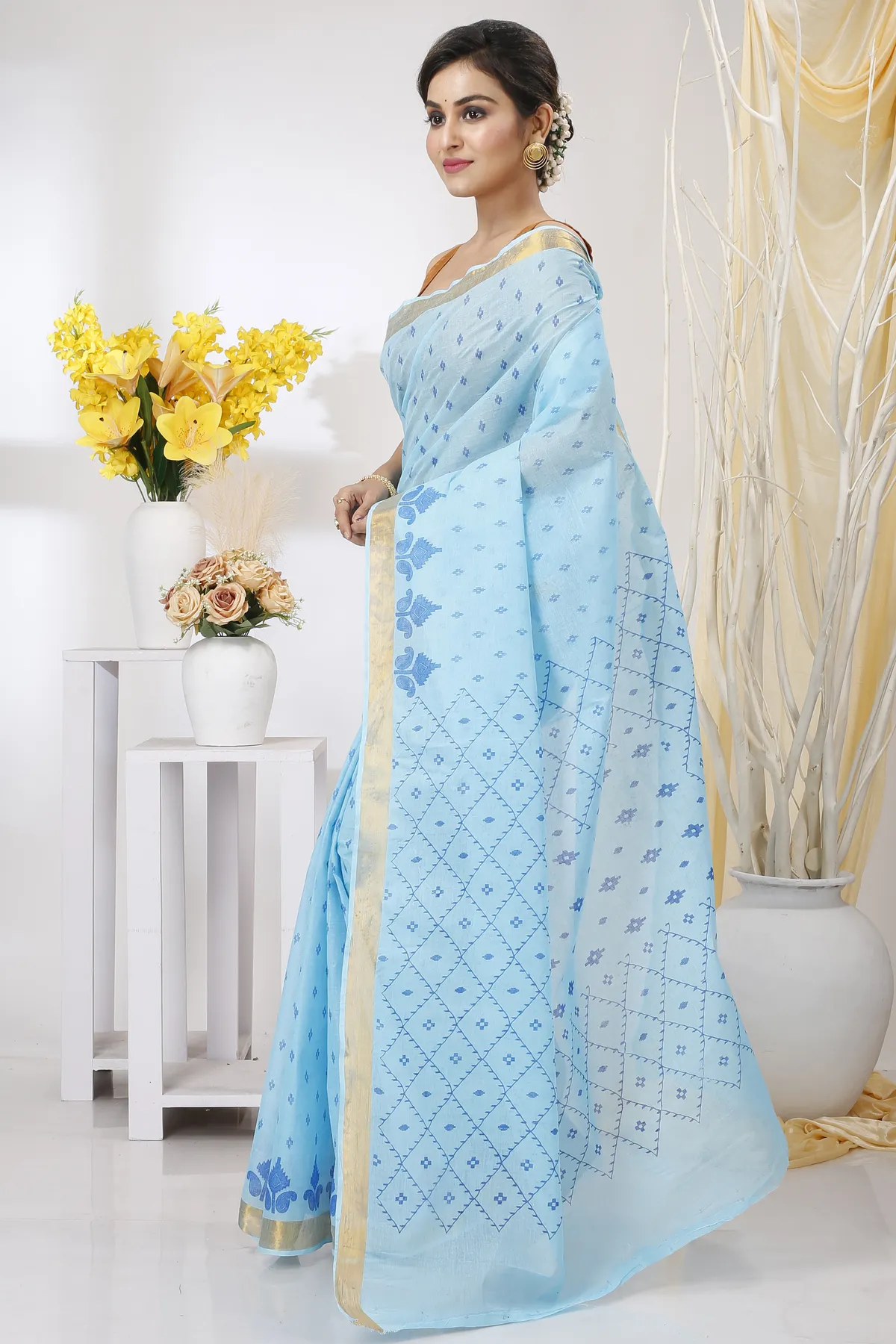 DipDiya Pure Cotton Sky Blue Luvya Woven with Tradition Printed Tant Sarees